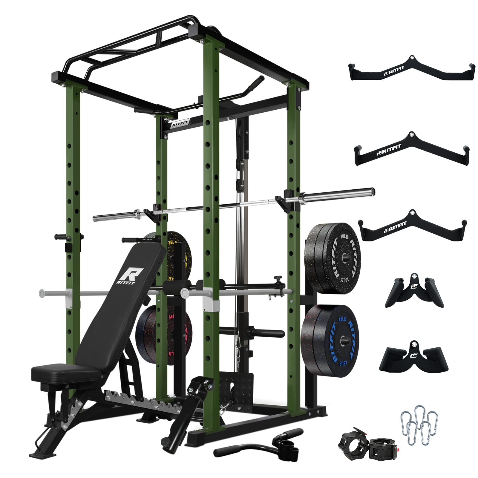 RitFit Squat Rack Power Cage Home Gym Package, Includes 1000LBS Power Rack with Cable Crossover System, Weight Bench, Weight Plate Set with Olympic Barbell (PPC02 Package 1.9K (FBP 340LBS))-Green