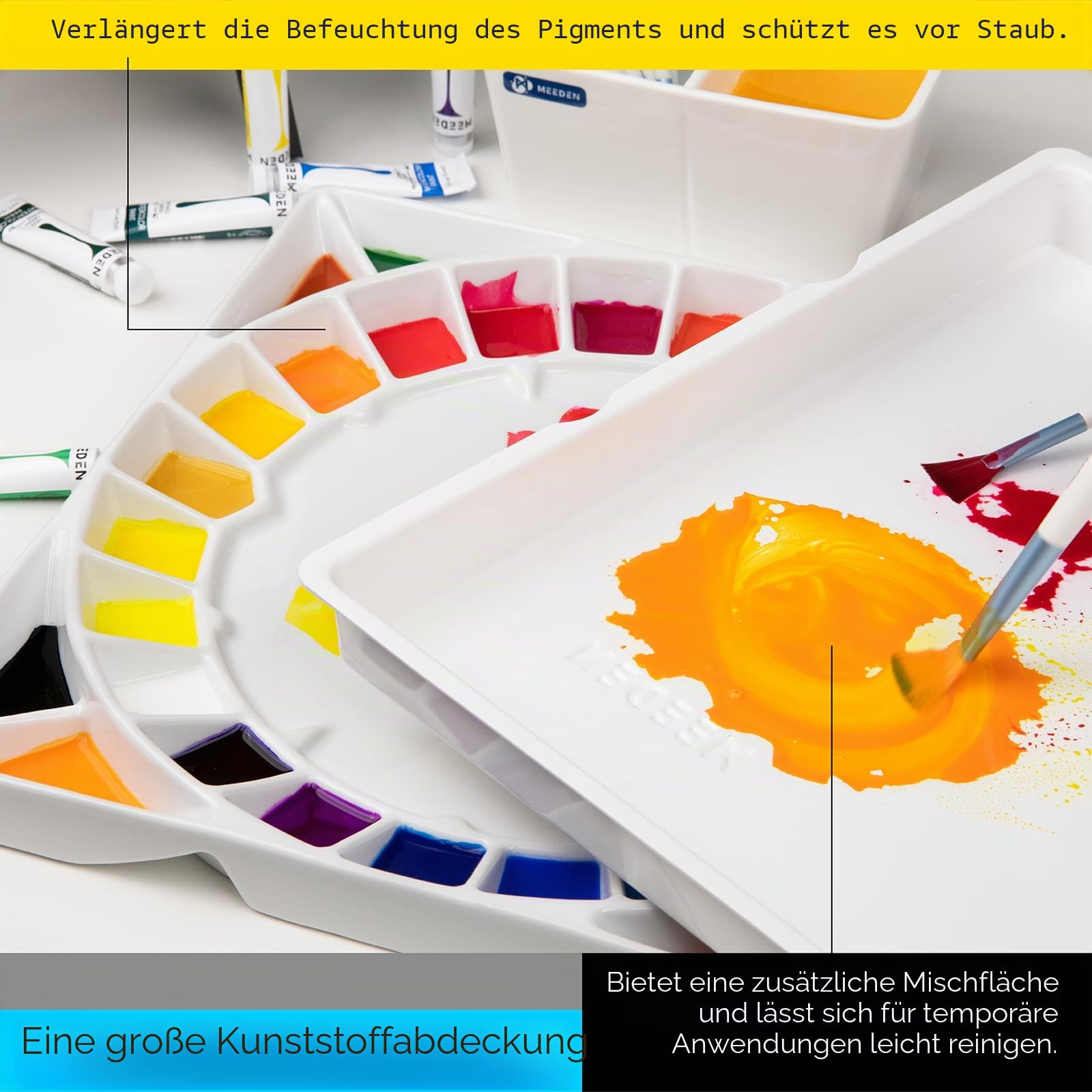 MEEDEN Große 32-Well Keramik Palette Mischpalette mit Deckel, Malpalette aus Porzellan für Aquarell Gouache Acryl Ölgemälde, 12-3/5-Zoll Weiß