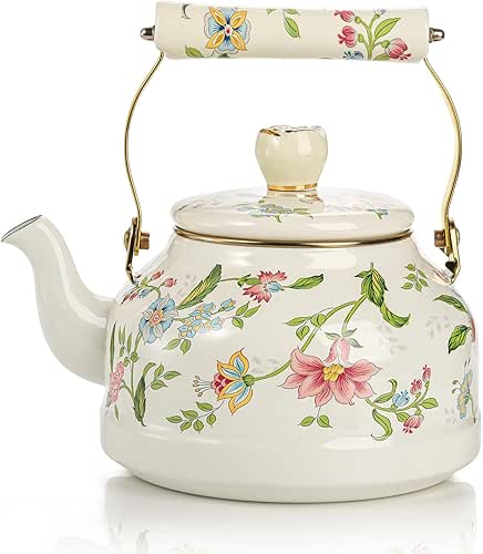 Jucoan 2.6 Quart Vintage Enamel Tea Kettle, Green Floral Stovetop