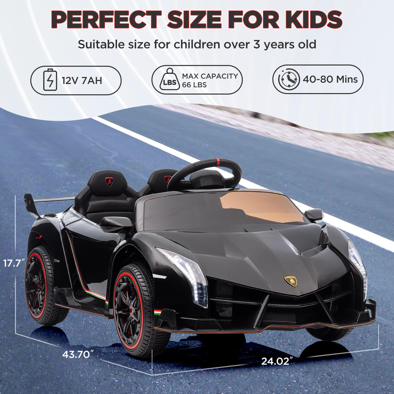 Lamborghini Kinder-Elektroauto 12V mit 2 Motoren & Fernbedienung für Kinder 3-8 Jahre – Inkl. Hupe, Bluetooth-Musik, USB und Vorwärts-/Rückwärtsfahrt (3-7 km/h), für Kinder ab 3 Jahre (Schwarz)