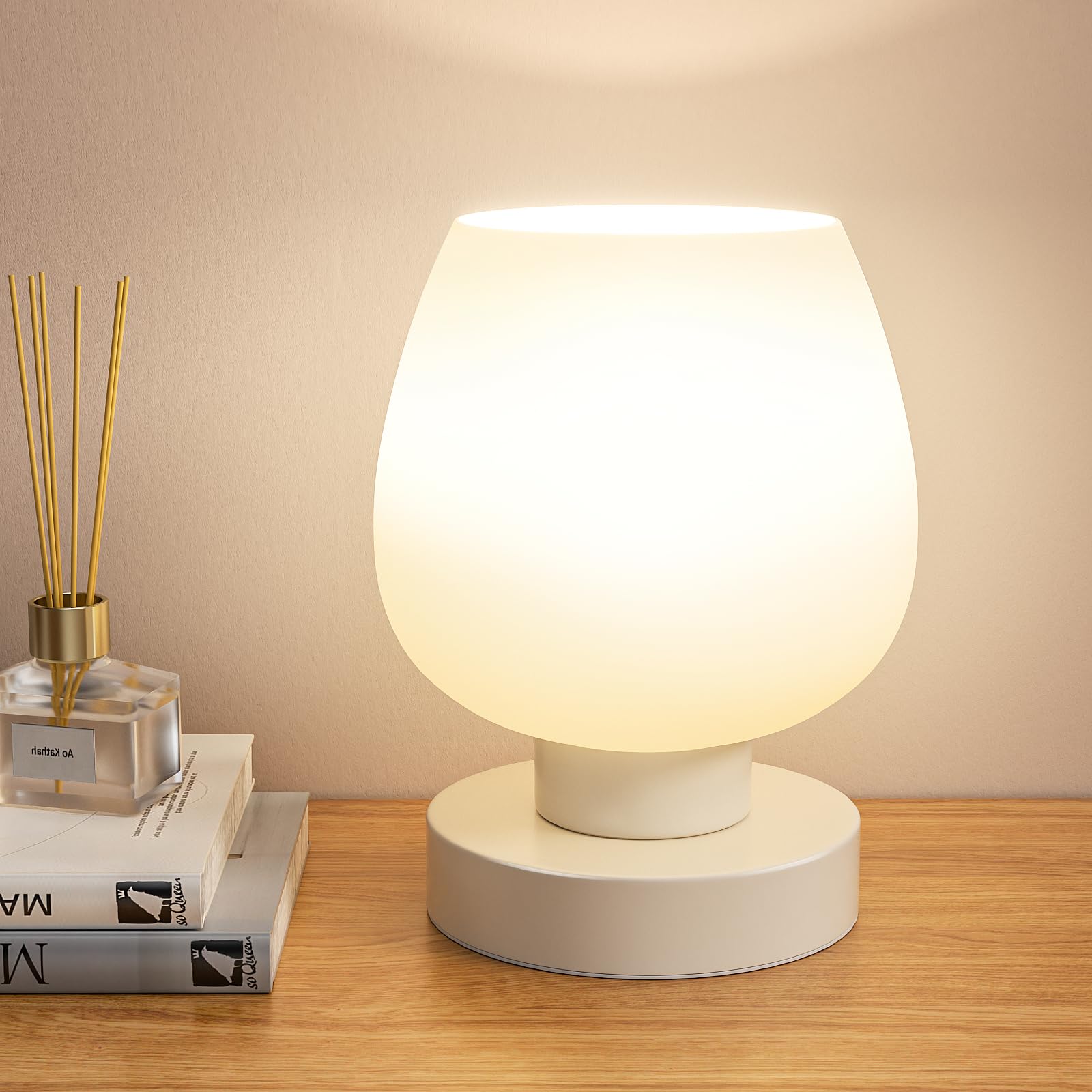 Photo 1 of Seealle Cordless Touch Table Lamp for Nightstand - Small Bedside Lamp for Bedroom Night Stands, Desk Lamp with White Glass Shade for Small Spaces Living Room, Stepless Dimmable, LED Bulbs, Gifts