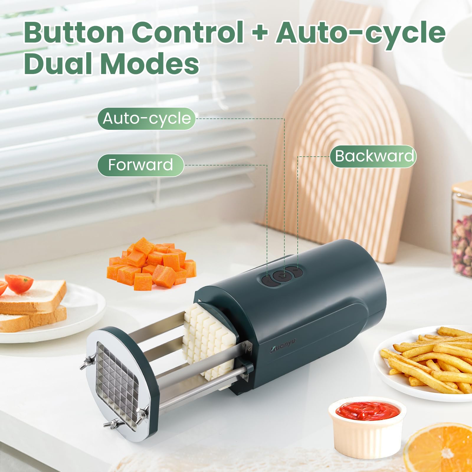 Huanyu Cortador eléctrico de patatas fritas con cuchillas de 2 tamaños, cortador de verduras multifuncional para patatas, zanahorias y pepinos (verde)