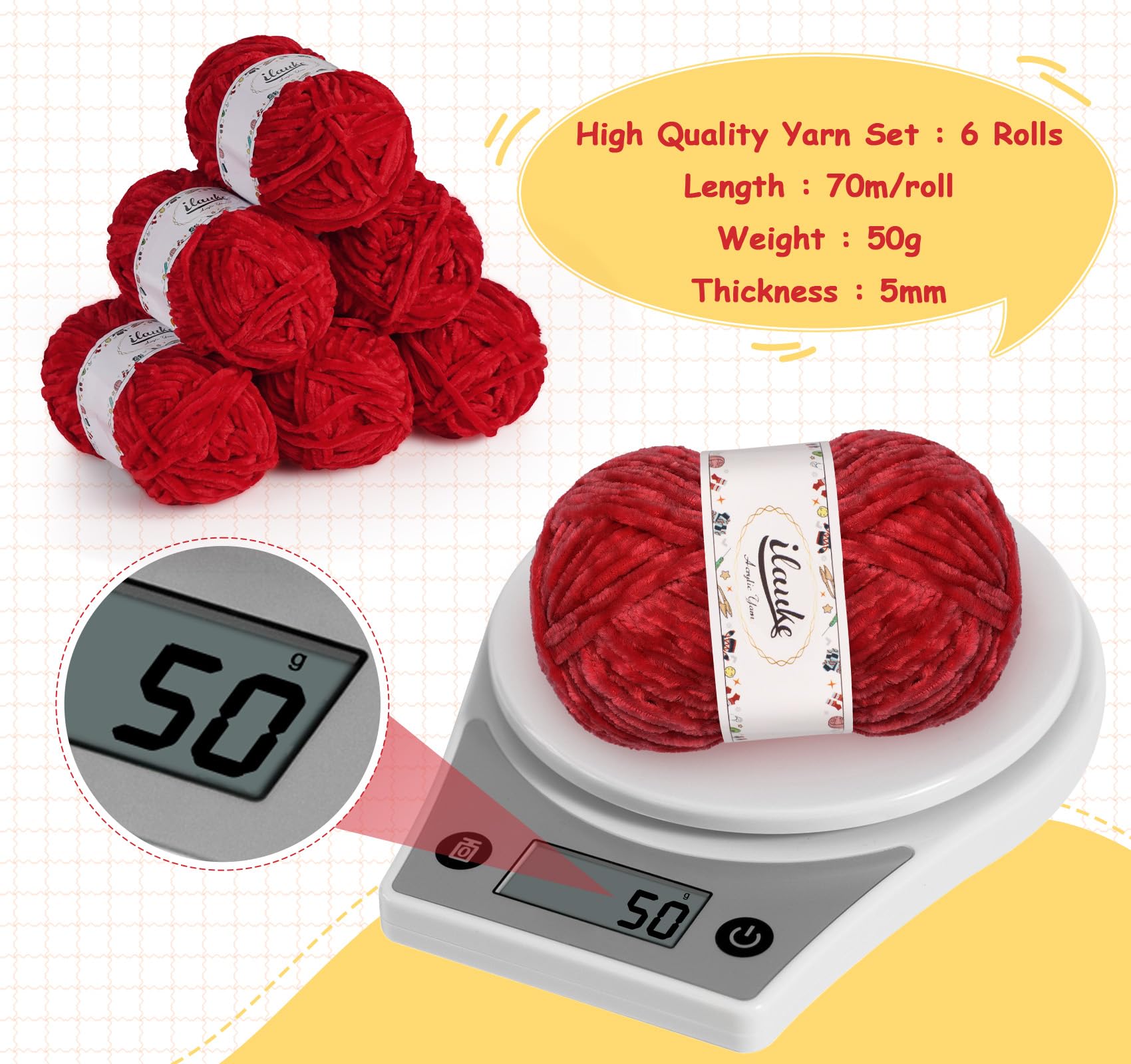 Kit Tricot Crochet Ilauke - 12 Pelotes Fil Chenille Doux 50g - Avec Crochets, Aiguilles Et Accessoires - Multicolore