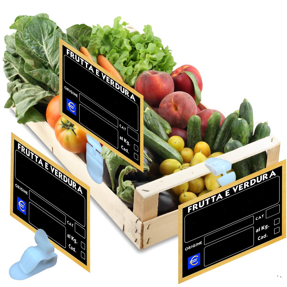 KIT 30 SEGNAPREZZI BIFACCIALI PLASTIFICATI FRUTTA E VERDURA 8,3X11,3 cm. +30 SUPPORTI +1 PENNARELLO BIANCO PER ALIMENTI