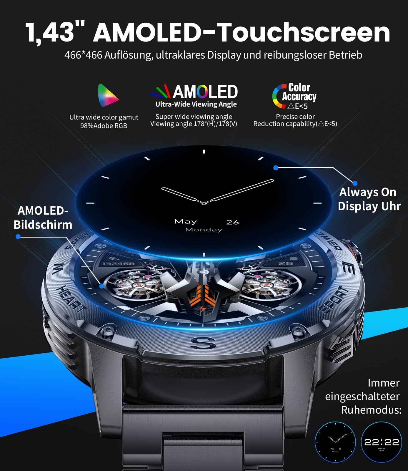 LIGE Militaire smartwatch voor heren, 3 armbanden, 1,43 inch HD LIGE Militaire smartwatch voor heren, 3 armbanden, 1,43 inch HD