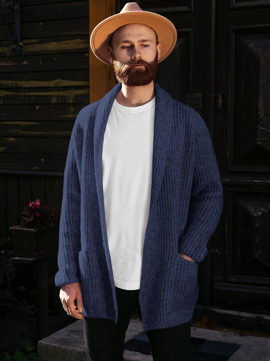 Runcati Mens Shawl Collar Long Cardigan Casual Knit Open Front Sweater Fall Winter Thermal Cardigan Sweater - Image 3