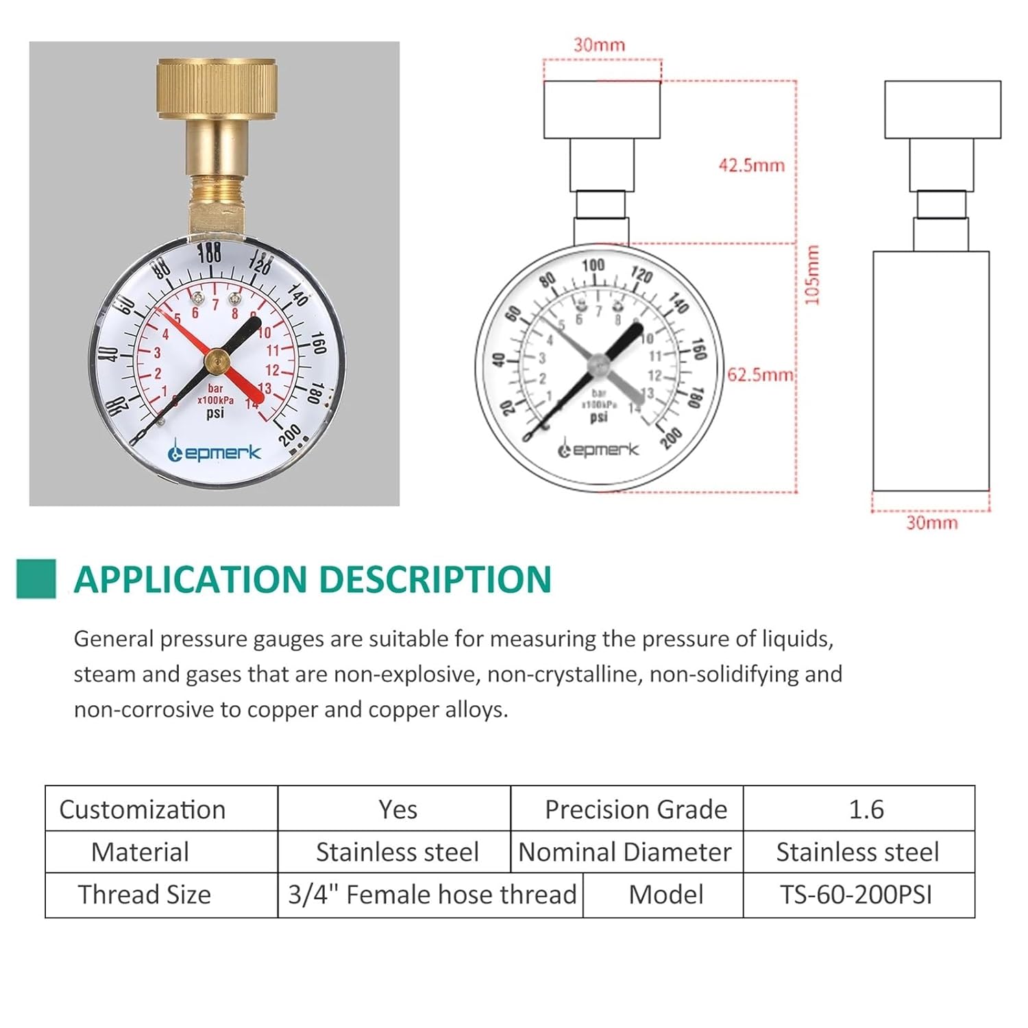 2-1/2'' Pressure Gauge Water Pressure Test Gauge 3/4'' Vacuum Manometer 200 PSI for Water Pump Air Gas Water Fuel Liquid