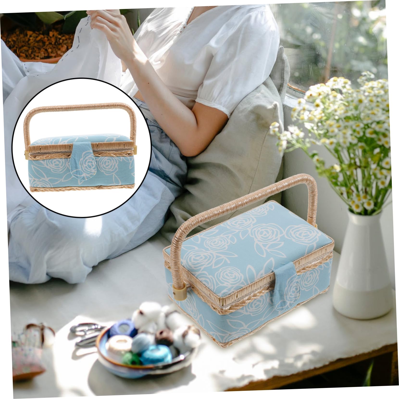 Caja de Costura de Poliéster Azul, Portátil Gran Capacidad para Guardar Hilos y Accesorios en Salón o Dormitorio