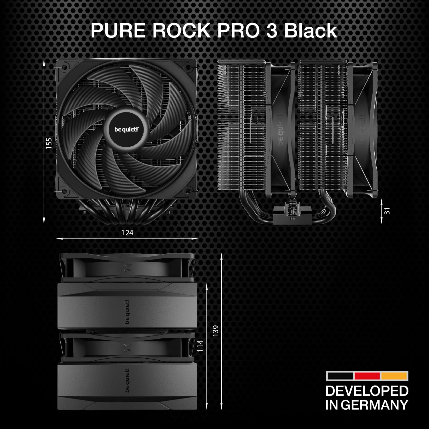 be quiet! Pure Rock Pro 3 Black CPU Air Cooler | 6 High Performance 6mm Heat Pipes with HDT Technology | 120mm Quiet PWM Fan | AMD:AM4 AM5/Intel LGA 1700/1150/1151/1200 | Black | BK042