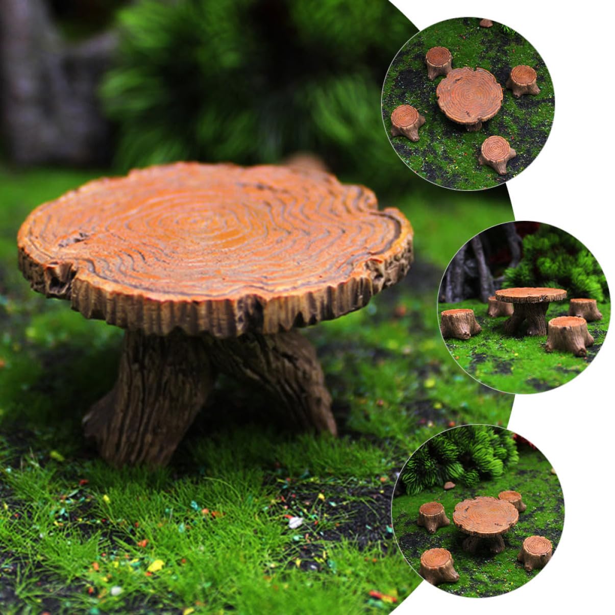 1 Satz Minihocker Mikro Pflanzen Miniatur-Tischstühle Mini-Gartenstühle Wohnkultur Harz-Stumpfhocker- Harz Stuhl Tisch Handwerk Baumstumpftisch Feengartendekor