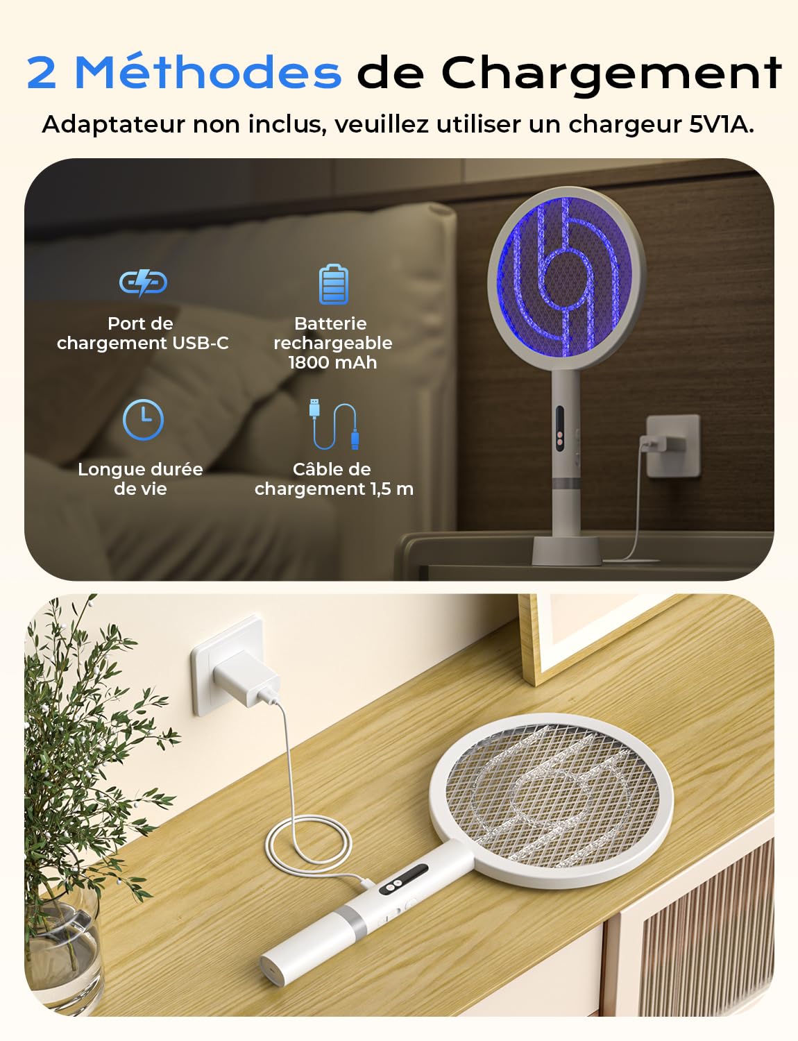 YISSVIC Raquette Electrique Insectes, Raquette Anti Moustique 1800mAh Tapette Puissante 4000V ave Base Rechargeable Chargement USB-C Lutte Contre Moustiques Mites Fourmis Volantes, Blanc