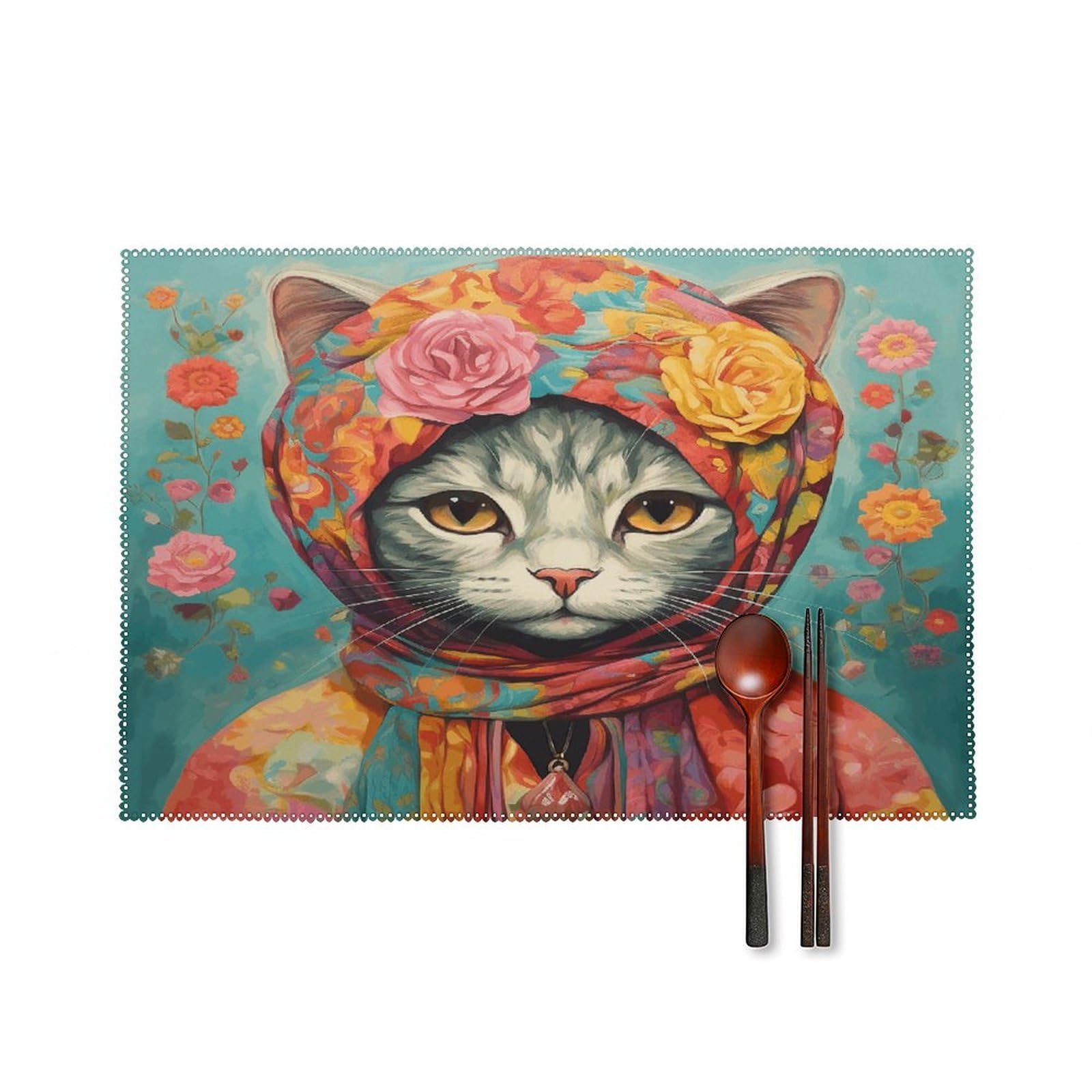 Btcowzrv Style Hand Drawn Cat Canvas Placemats Set Of 6, Wipeable Washable Place Mats For Indoor & Outdoor, Table Mat Decor For Kitchen Dining Party