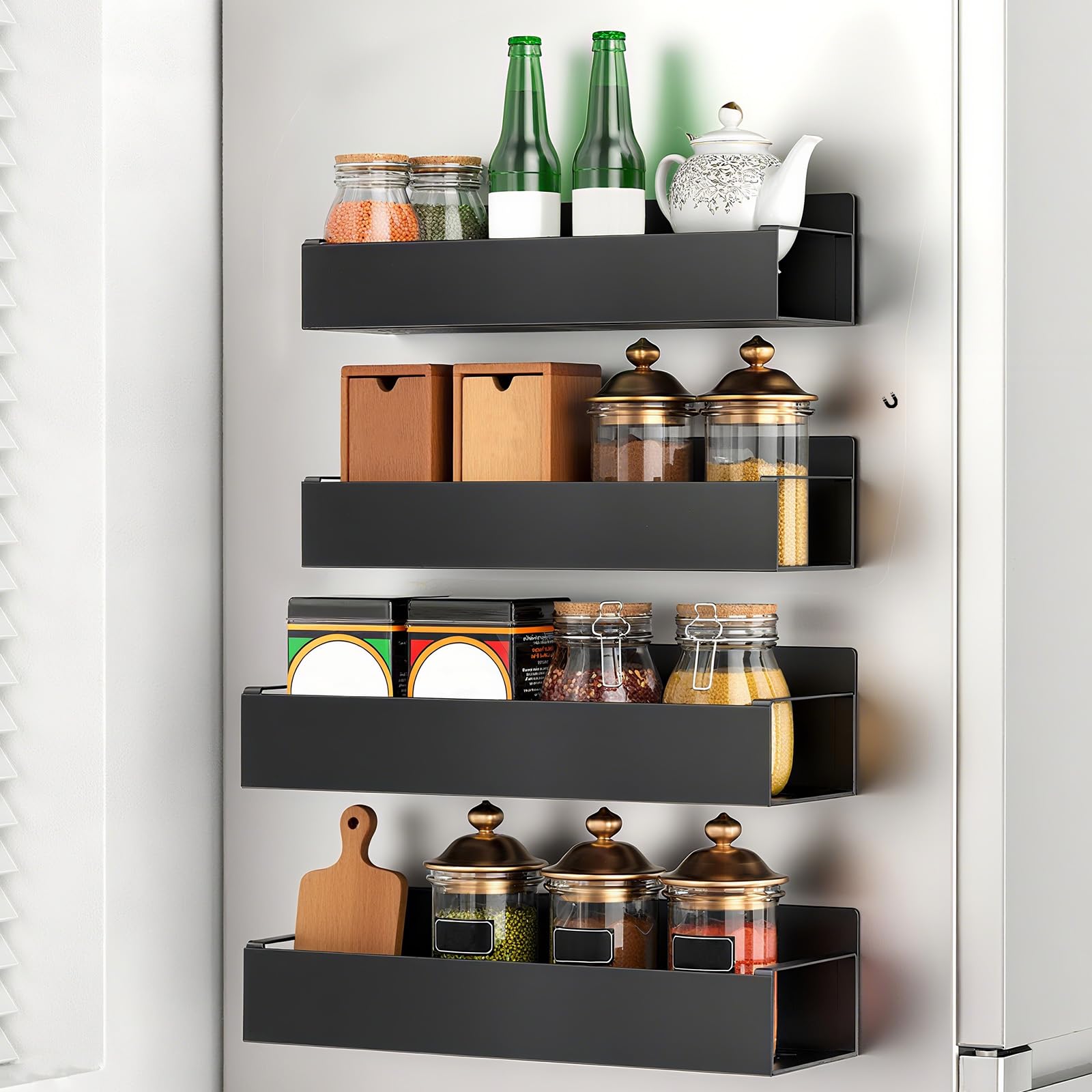 Ruiqas 4 Pack Magnetic Spice Rack for Fridge, Black Metal Shelf
