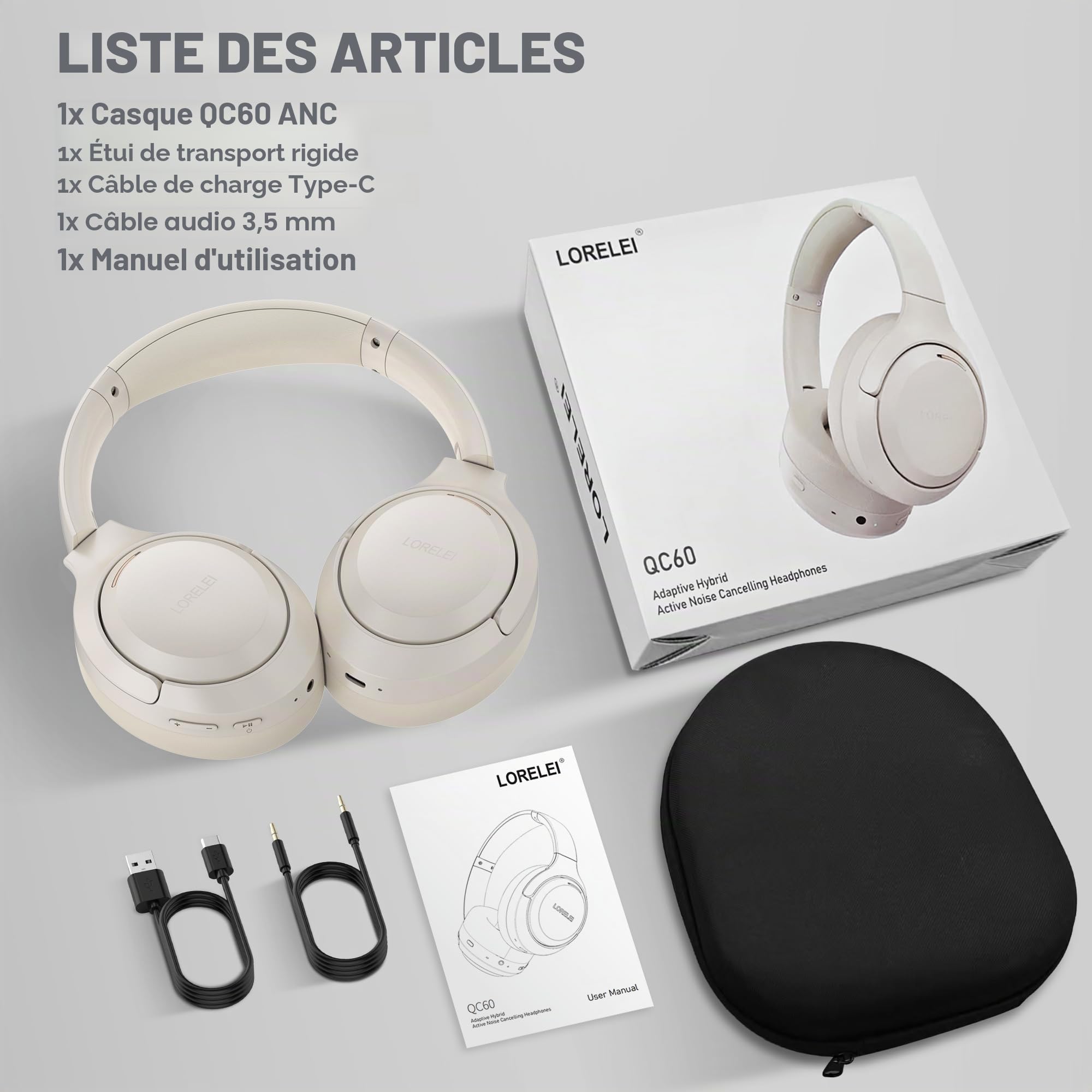 LORELEI QC60 - Écouteurs avec réduction de bruit, sur l'oreille (beige et blanc)
