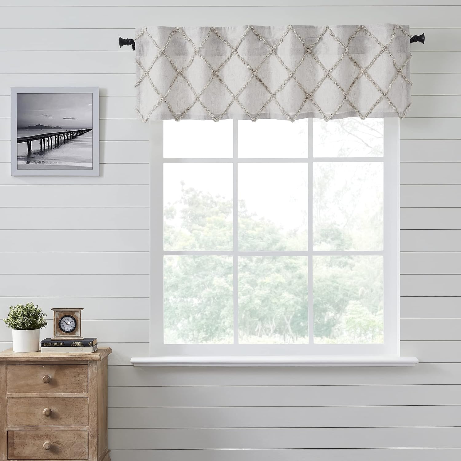 VHC Brands Frayed Lattice Curtain Valance, Oatmeal, 16x60