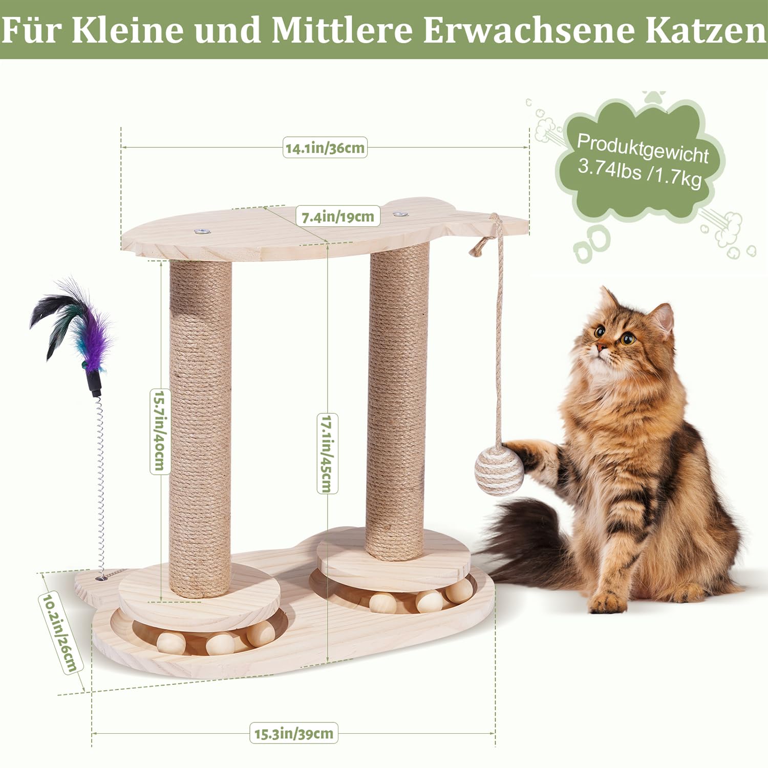 Kratzsäulen Katzen Interaktives Katzenspielzeug Aus Holz Spielzeug Katzenbaum mit Federn und Sitzstange für Kleine und Mittlere Erwachsene Katzen