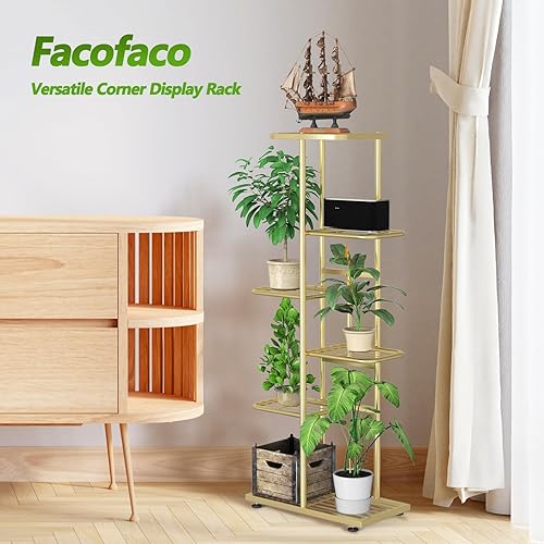 Miniatura 6 de Soporte para plantas de 6 niveles y 7 macetas doradas para interiores y exteriores con herramientas de jardinería y guantes, estante de metal