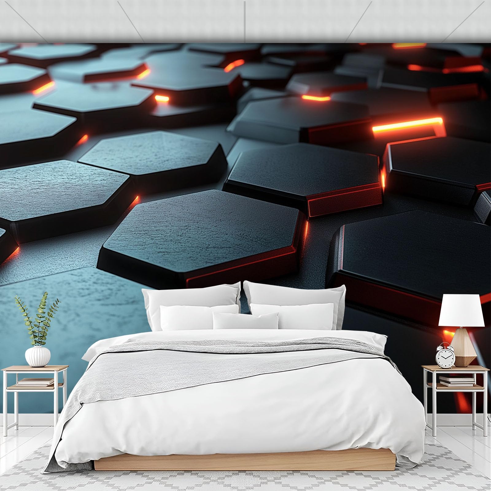 Carta da Parato Foto con Design di Fantascienza spaziale, 400x280cm - Stampa Artistica Premium da Parete, Poster Decorativo Moderno - modello esagonale - nero