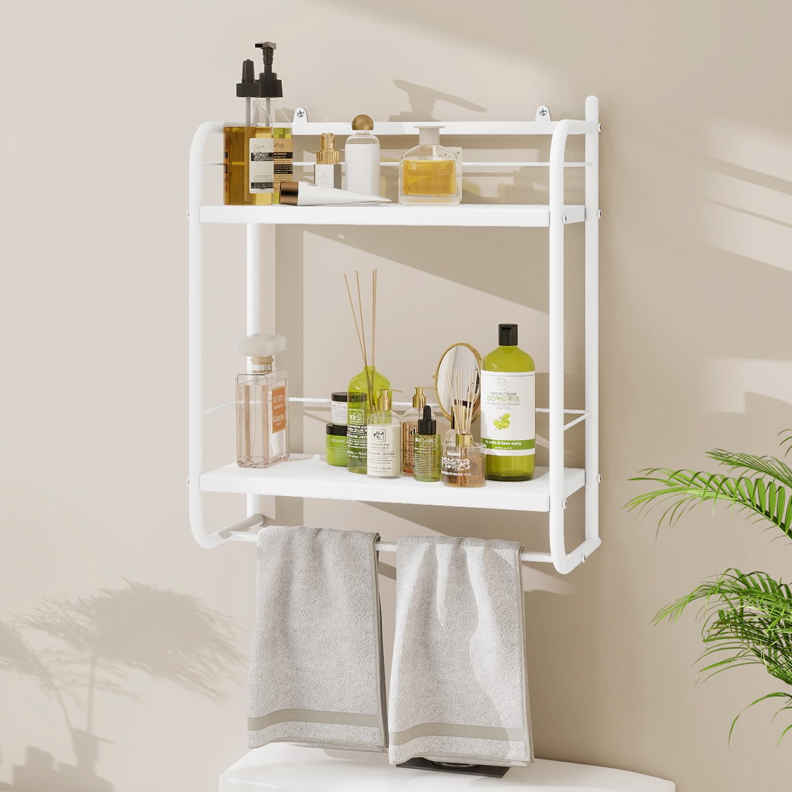 HDANI Estantería de Pared de Metal de 2 Niveles,con 2 estantes Ajustables,Estante de Ducha para baño,Dormitorio,salón,Cocina, Oficina en casa,lavadero,41×21,5×49,5cm,Blanco