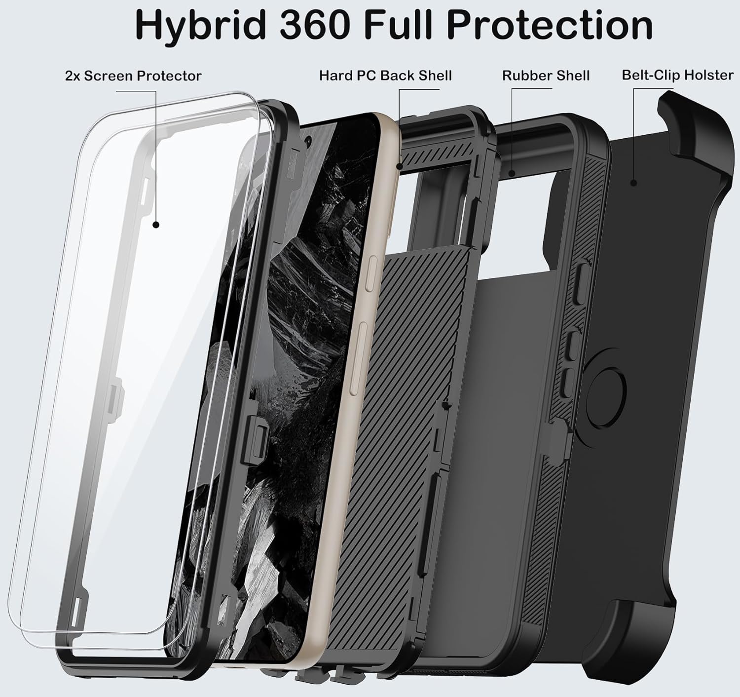 KECAI for Google Pixel 8a Case with 2X Screen Protector,Belt Clip Holster,Heavy Duty Shockproof Drop Protection Military Grade Full Body Rugged Phone Cover with Kickstand Black