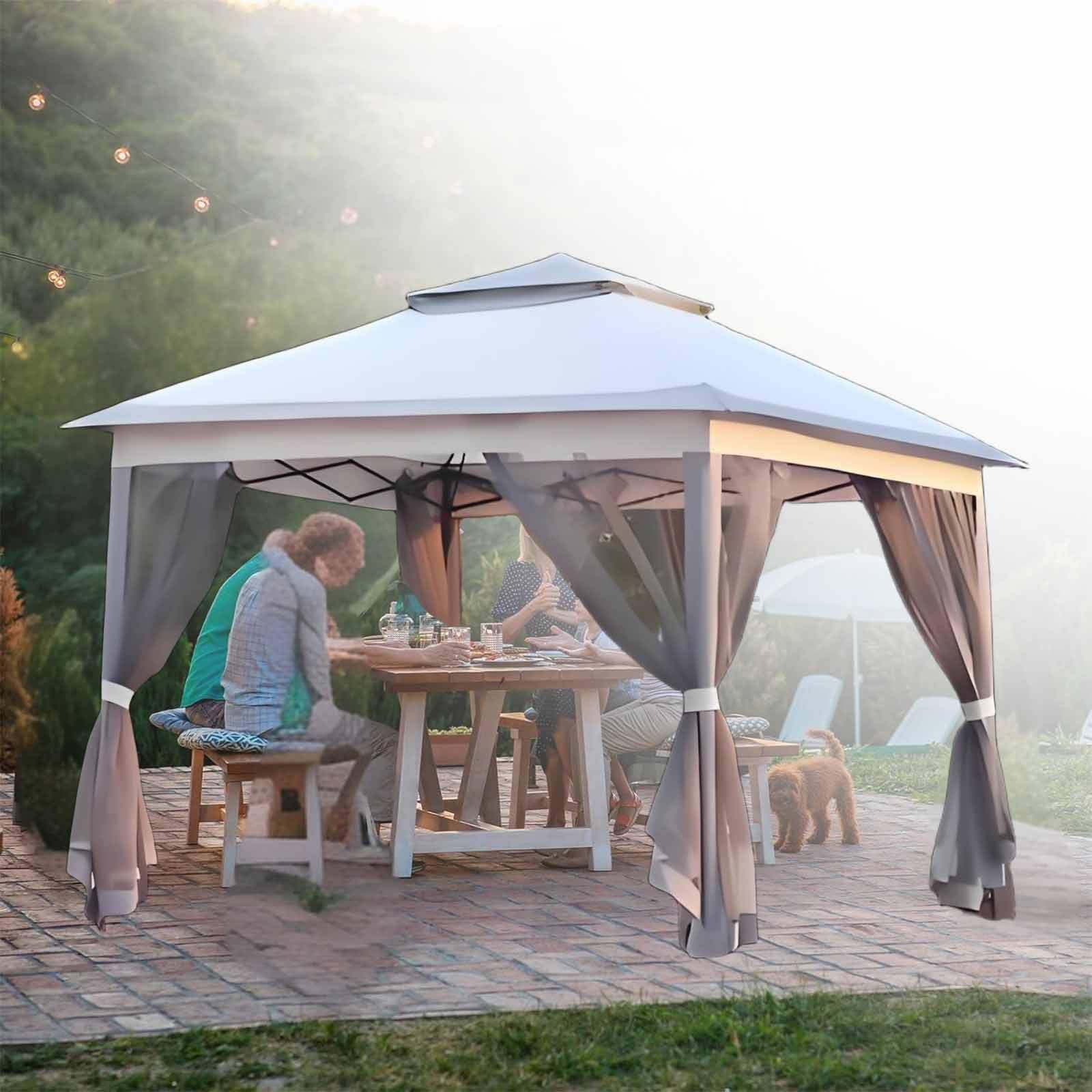 Gazebo da giardino 3,3x3,3 m, padiglione per esterni resistente con tetto a due livelli e pareti laterali in rete, struttura in metallo, per patio, cortile, feste,Gray-3cmlegs