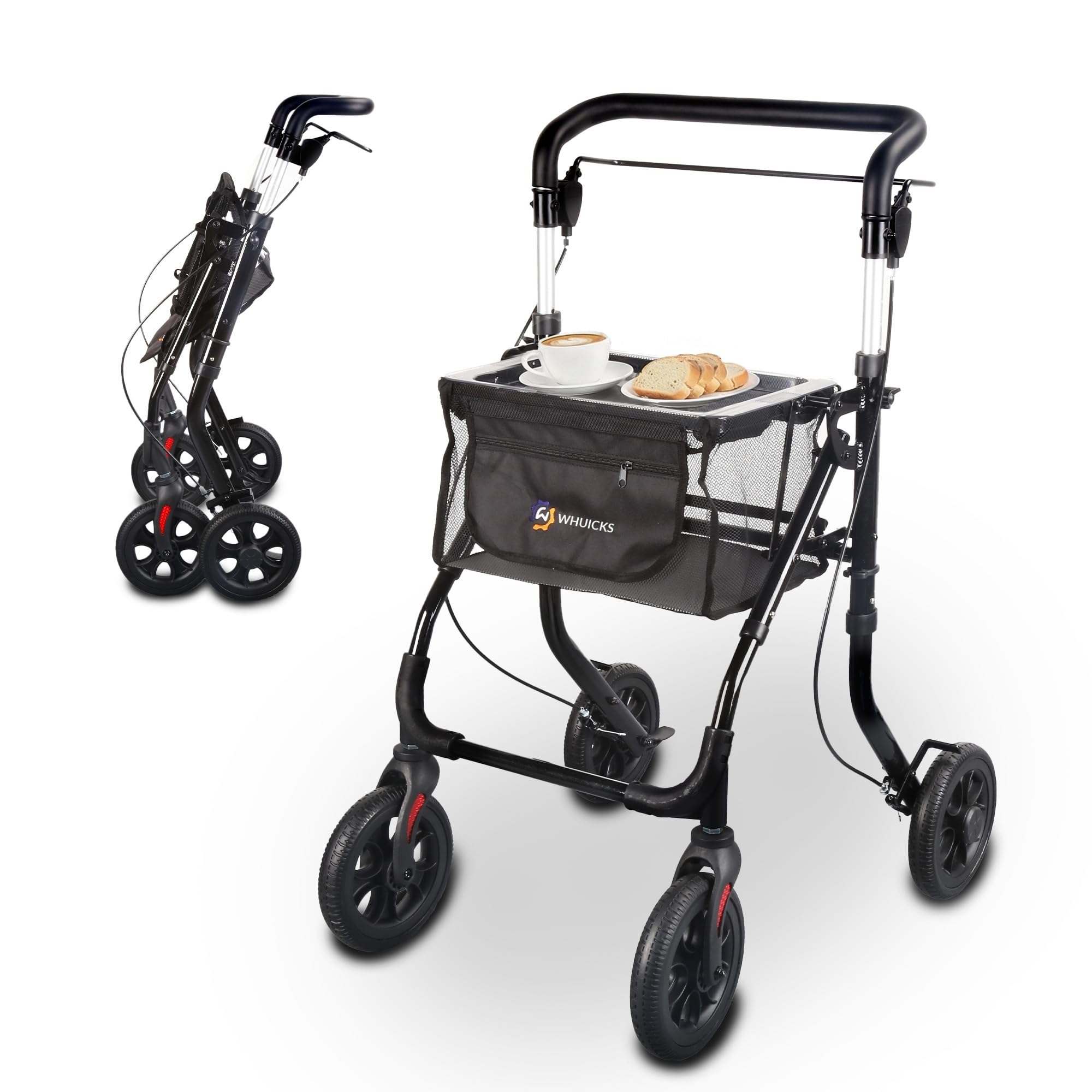 Andador compacto para interior, plegable y ligero con bandeja, auxiliar de movilidad para adultos mayores en aluminio, con cesta, maniobrable para hogar