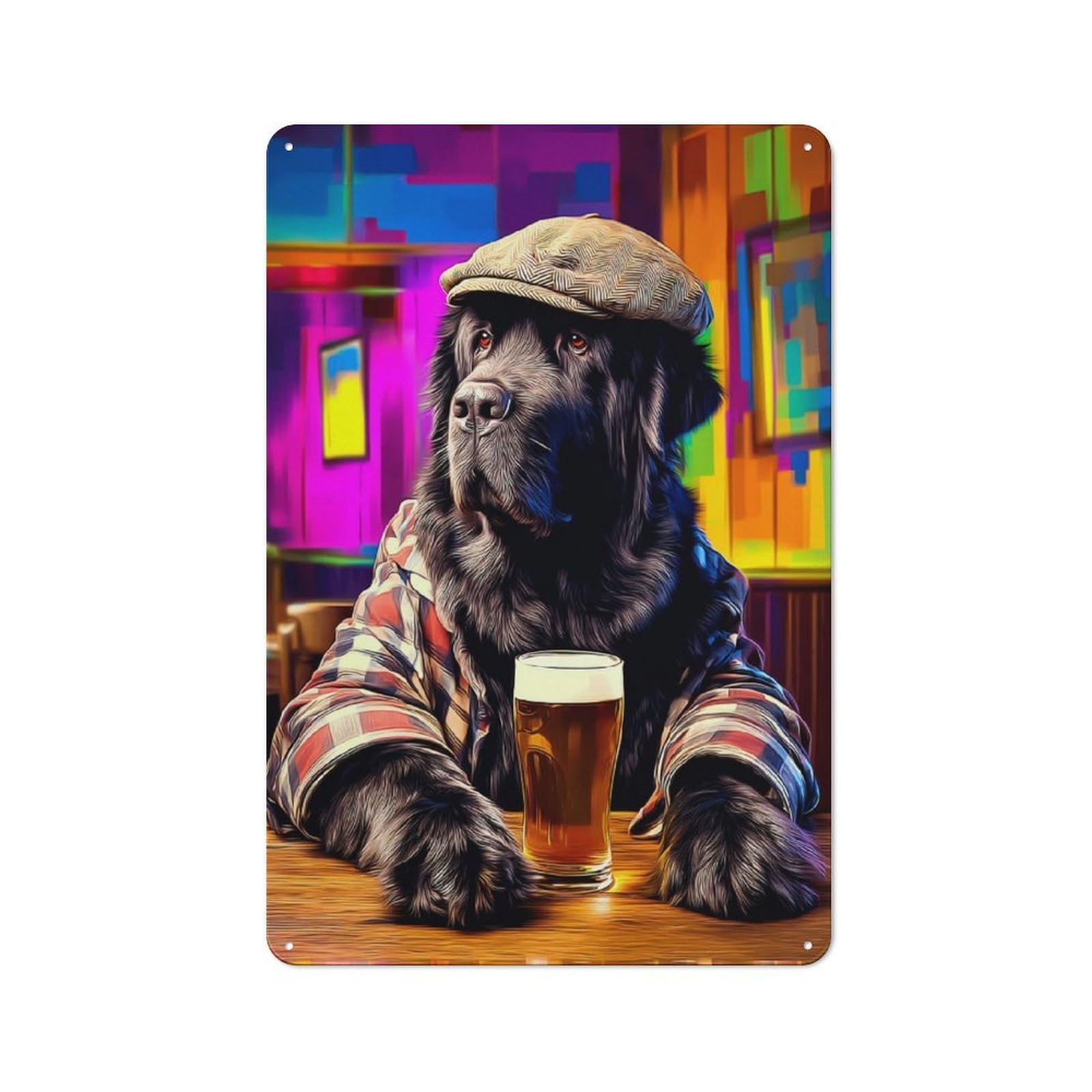 Junmoney Dog In Hat With Beer -4 Tin Sign 30X20cm With For Living Room Wall, Rustic Decor, For Living Room Decor Lovers