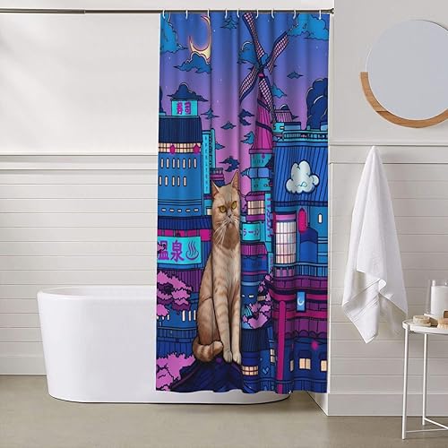 Miniatura 8 de Cortina de ducha de gato japonés de neón, impermeable, de poliéster, decoración retro para niños y adultos, se adapta a bañera, ducha y ventana,