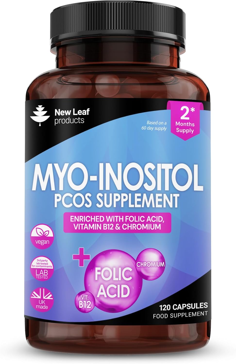 Myo-Inositol PCOS Supplement – Myo Inositol Capsules PCOS Supplement Enriched with Folic Acid, Vitamin B12 and Chromium – Hormone Balance for Women 120 Vegan Capsules UK Made New Leaf Vitamin B8