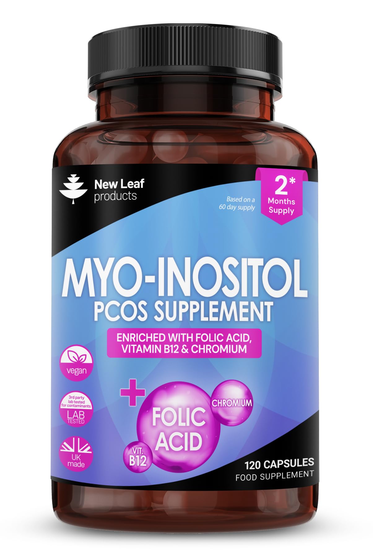 Myo-Inositol PCOS Supplement - Myo Inositol Capsules PCOS Supplement Enriched with Folic Acid, Vitamin B12 and Chromium - Hormone Balance for Women 120 Vegan Capsules UK Made New Leaf Vitamin B8