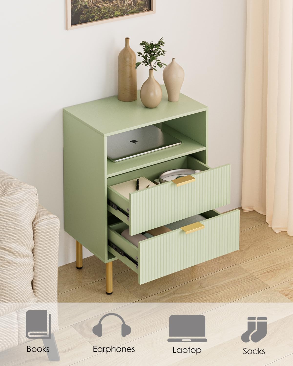 Night Stand,25.7" H Bedside Table with 2Drawers and Open Shelf,Farmhouse Nightstand,Side Table with Gold Frame for Bedroom,Living Room,Pale Green