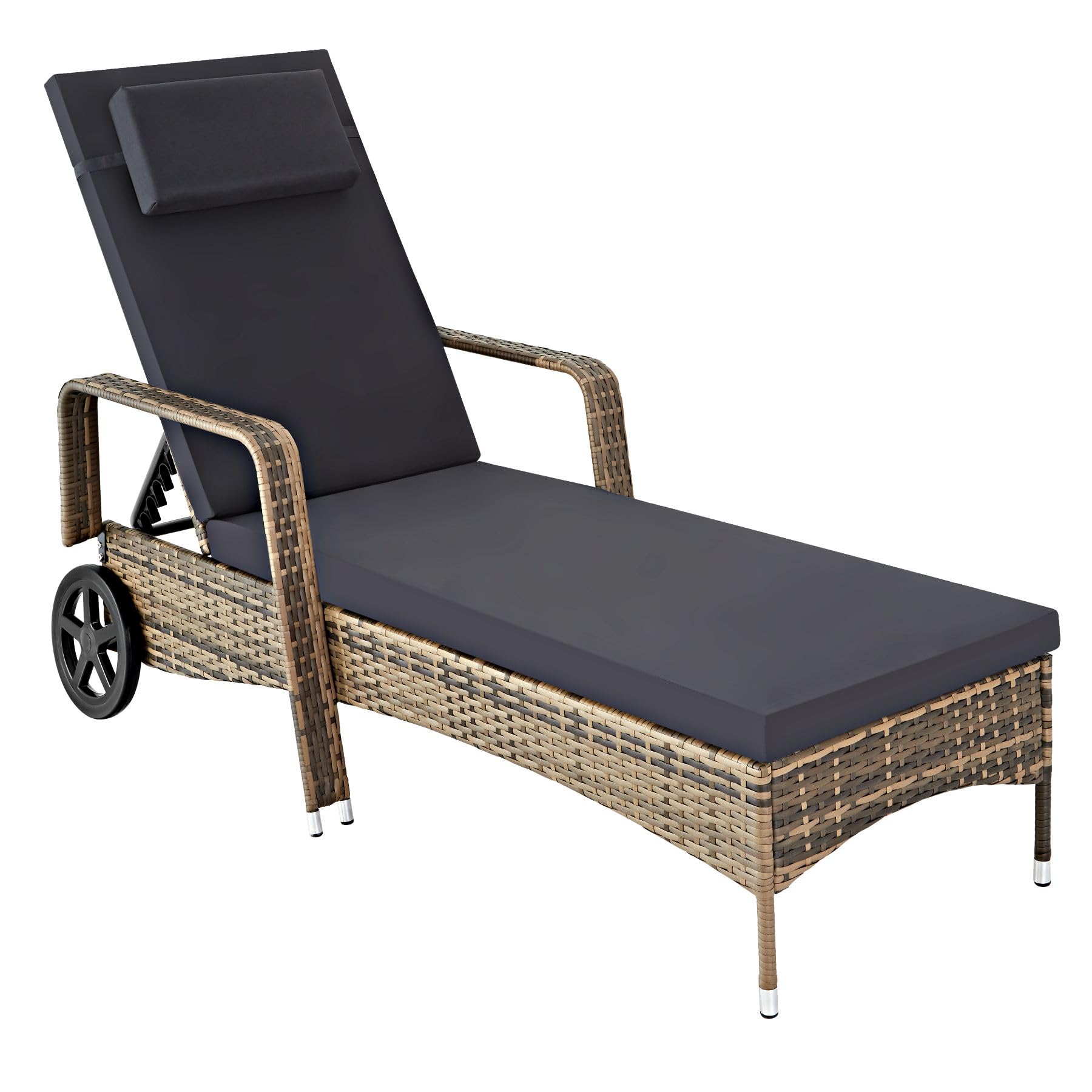 TecTake®, Tumbona Chaise Longue, Ajustable de Poliratán con Ruedas, Mueble Exterior Sofa Acolchado para Jardín y Terraza, 6 Posiciones, Fácil de Limpiar, Moderno, Hamaca de Jardín - Negro