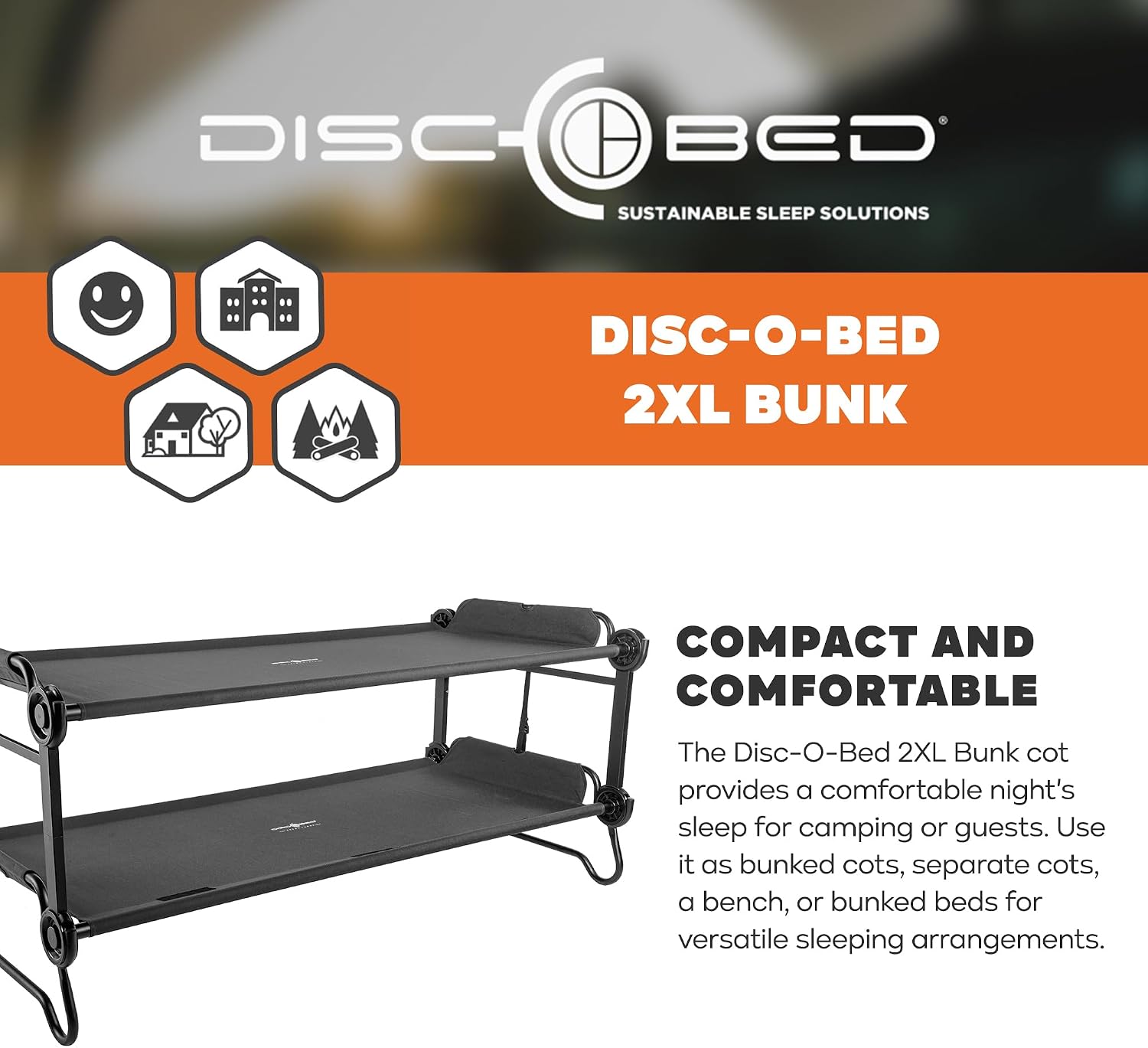 Disc-O-Bed 2XL Outdoor Convertible 2 Person Bench and Double Camping Cot Portable Bed Bunk System for Adults, Black