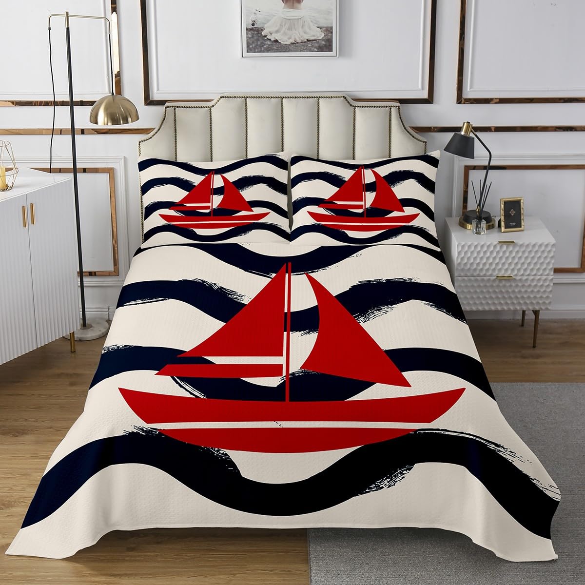 Set copriletto trapuntato con barca a vela, per bambini, per ragazzi, ragazze, adolescenti, onde oceaniche, mare, marino, hawaiano, spiaggia, decorazione per la camera