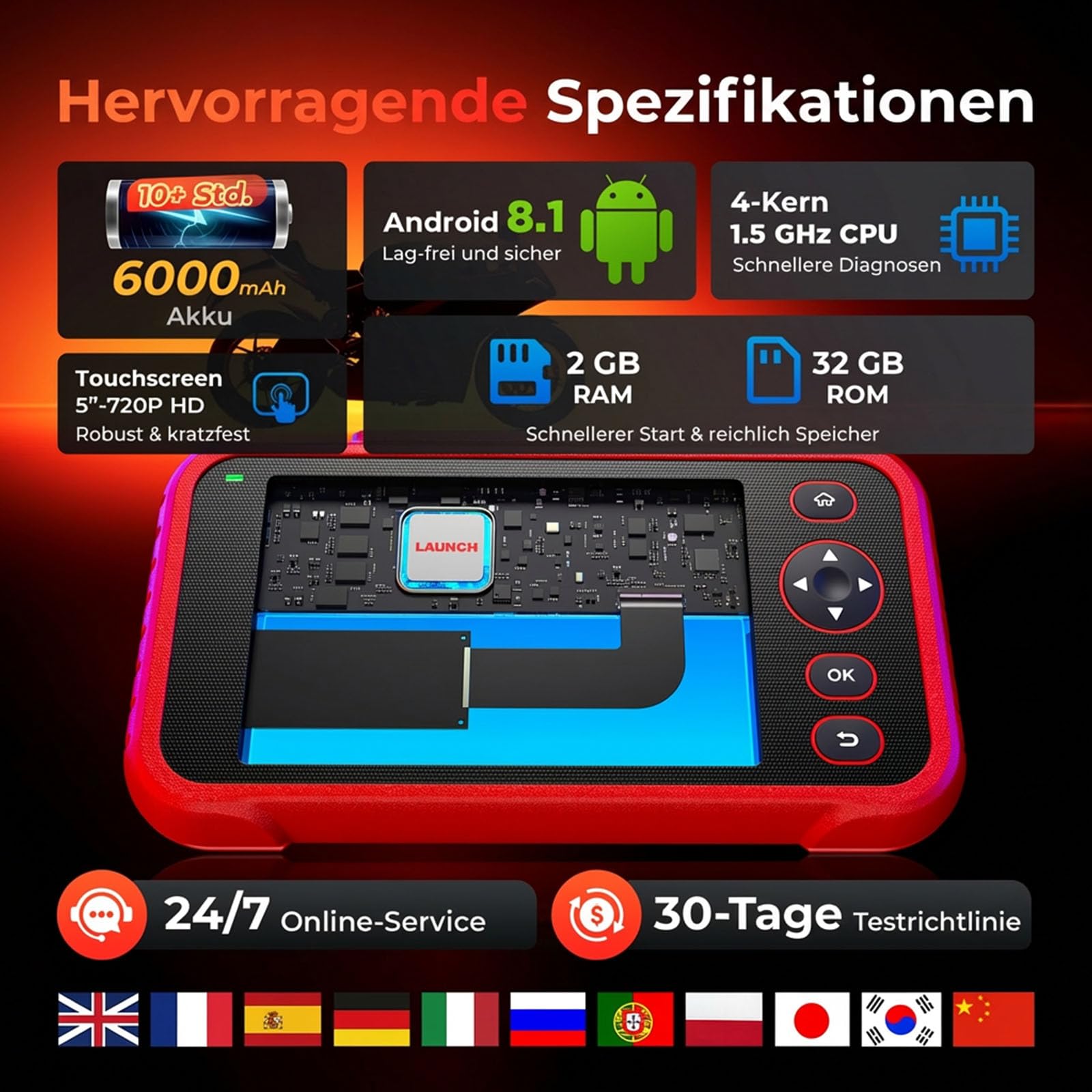 Launch CRP129 MT Pro Motorrad Diagnosegerät, OE-Allsystem-Bidirectional-Test, Reset für Harley Honda Yamaha Kawasaki, 38+ Marken, 11 Sprachen, 2 Jahre Updates