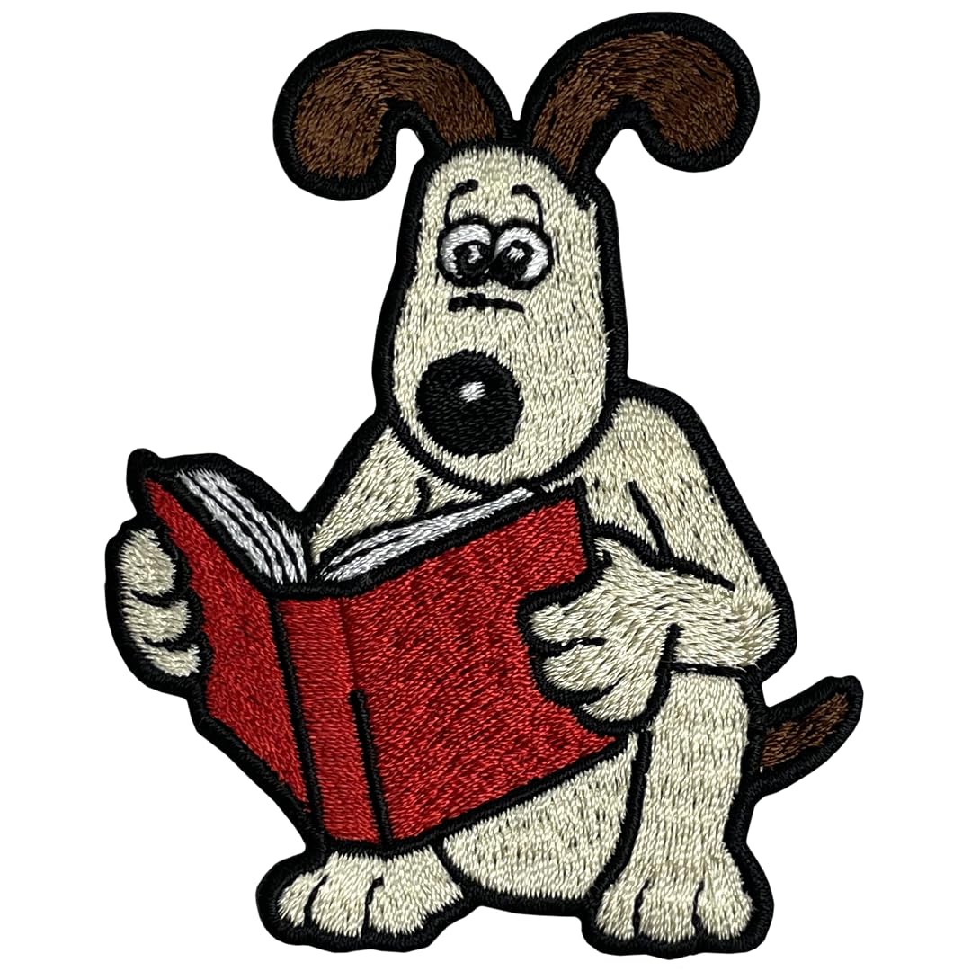 Gromit Reading Sew on Patch | Wallace and Gromit Official Merchandise, Red, cream, brown