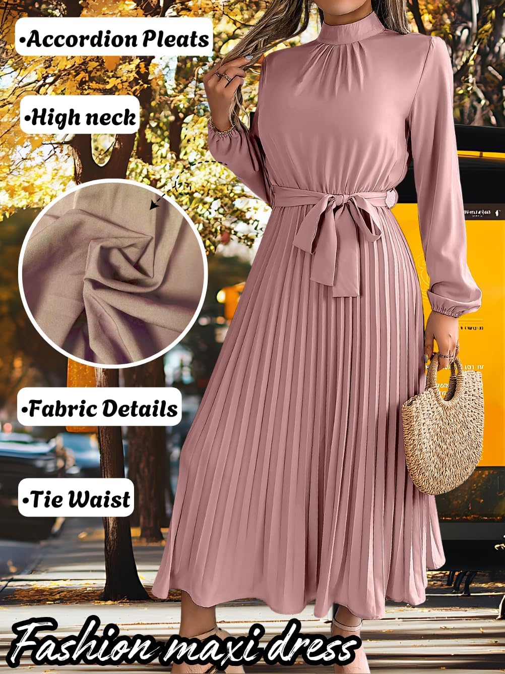 Pleated Maxi Dress, Mock Neck A Line, Fall Holiday, Long Sleeve Modest Business Casual Flowy Dresses for Women - Image 4
