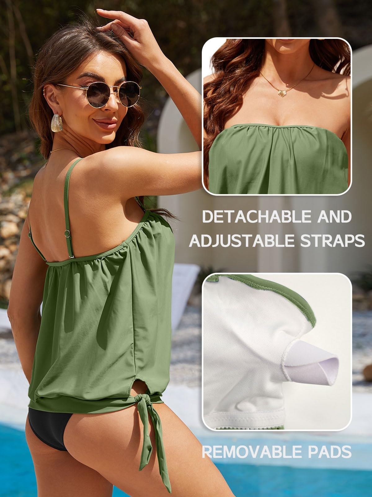Yutdeng Tankini Maillot de Bain Femme 2 Pieces Sexy Push Up sans Bretelles Ensemble Tankinis Set Bandeau Haut Shorty Maillots Deux Pièces Élégante Tube Top Rembourré Swimwear Bandoulière Détachable