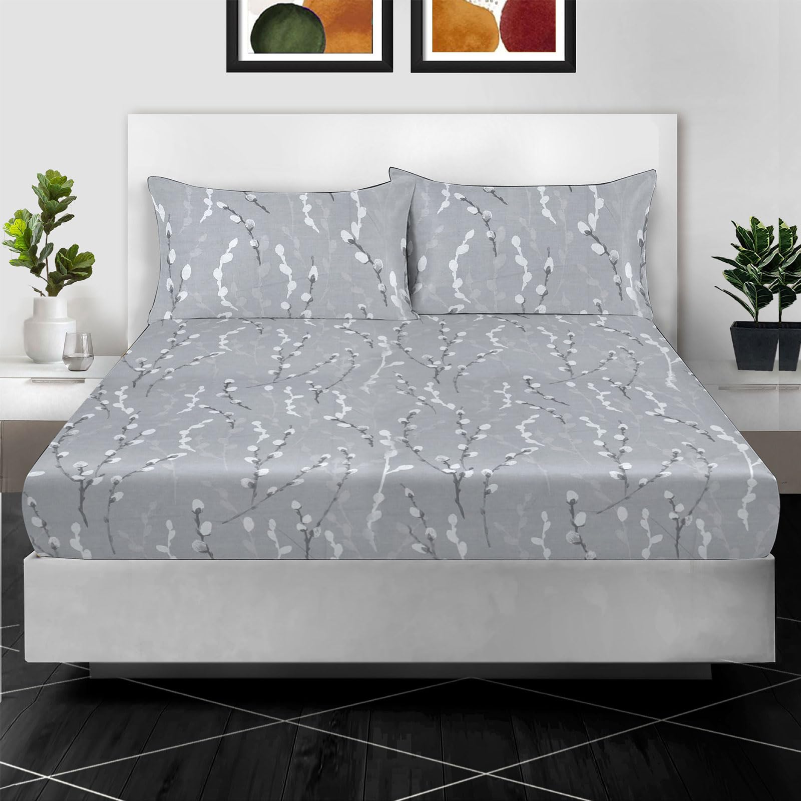 Printed Double Fitted Sheet 100% Egyptian Cotton Floral Design 400 Thread Count – 30cm (12”) Extra Deep Pocket Double Bed Sheet – Soft Luxury Floral Print Bedding (137 x 190 cm) — image 1