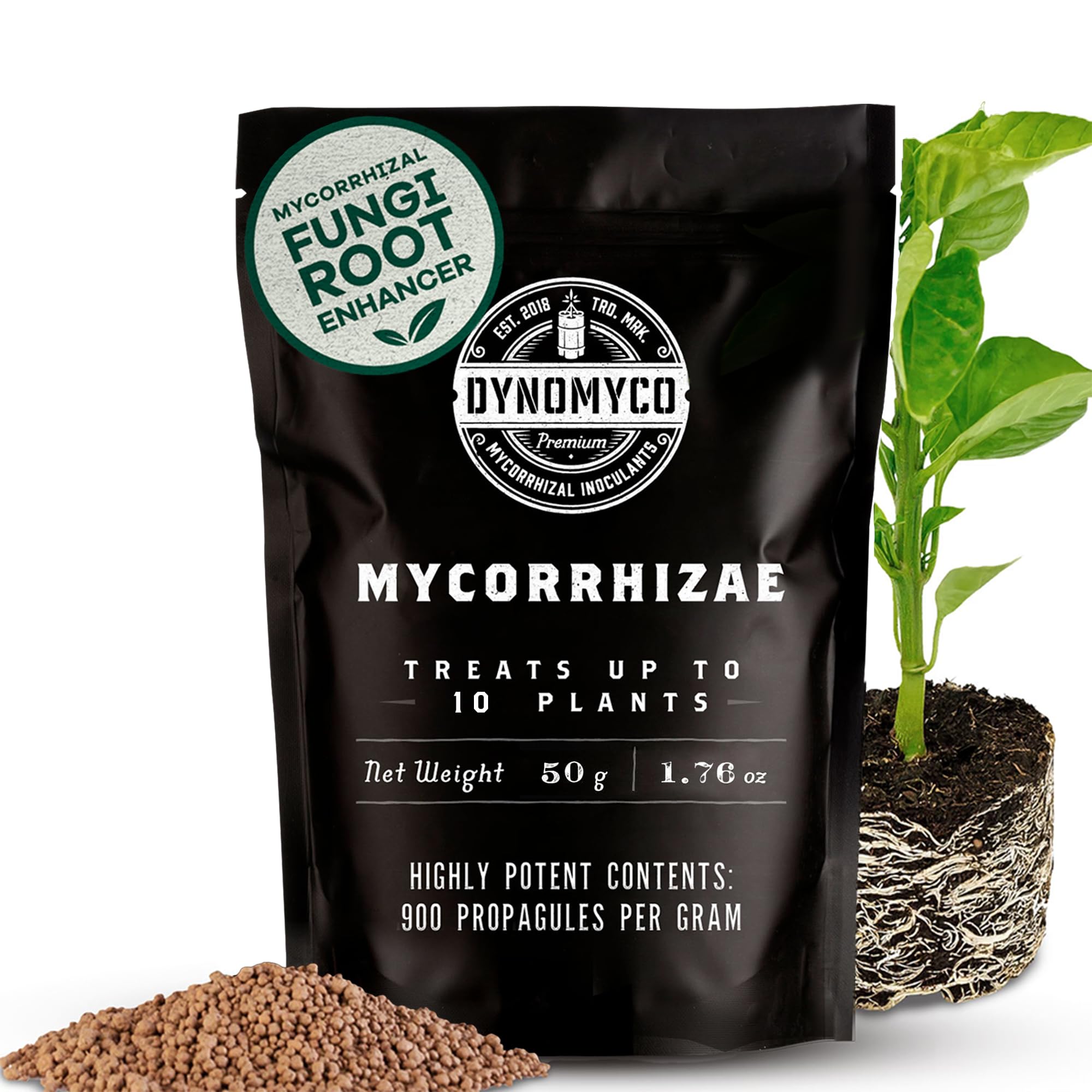 DYNOMYCO Mycorrhizal Fungi Inoculant, 50g/1.76oz – Boosts Root Growth, Yields & Nutrient Uptake – 900 Propagules/g, Concentrated Granules, & OMRI Compliant – Seed Starter Soil Mix Compatible