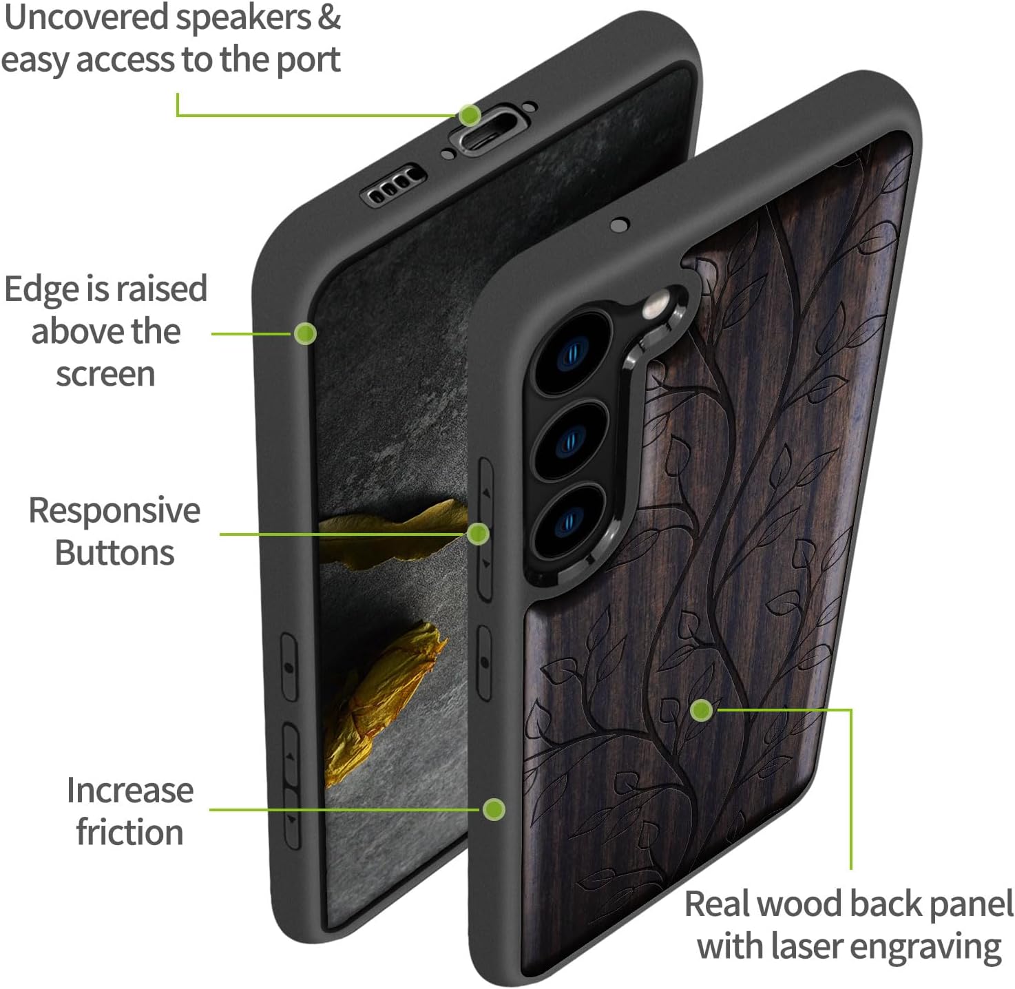 Carveit Wood Case for Galaxy S23 Case [Natural Wood & Black Soft TPU] Shockproof Protective Cover Unique Wooden Design Compatible with Samsung S23 (The Essence of Foliage-Blackwood)