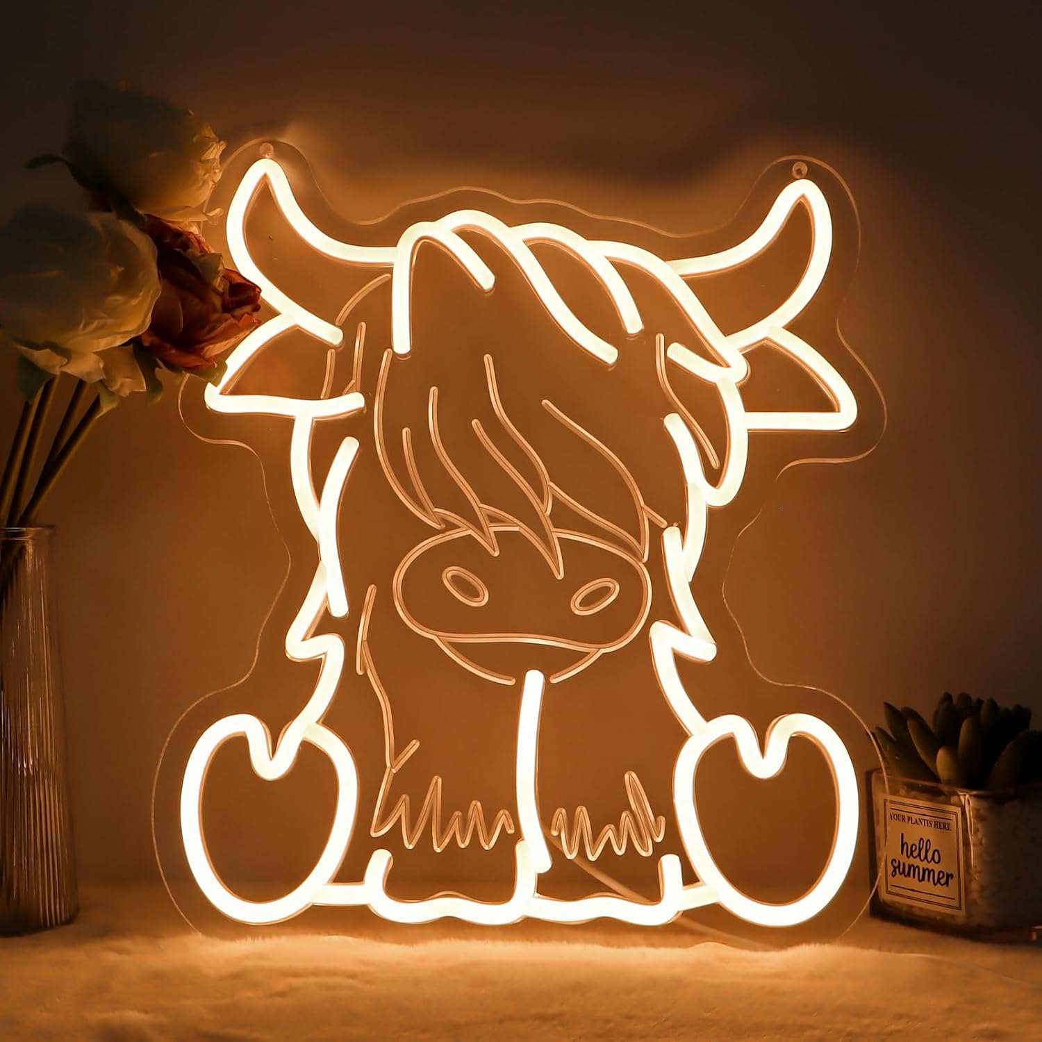 Highland Cow Neon Sign, Dimmable Warm White Cow Night Light, Cool Wall Art Decor for Room, Office, Bar, Garage (11.4 x 12.6 inch, USB Powered)