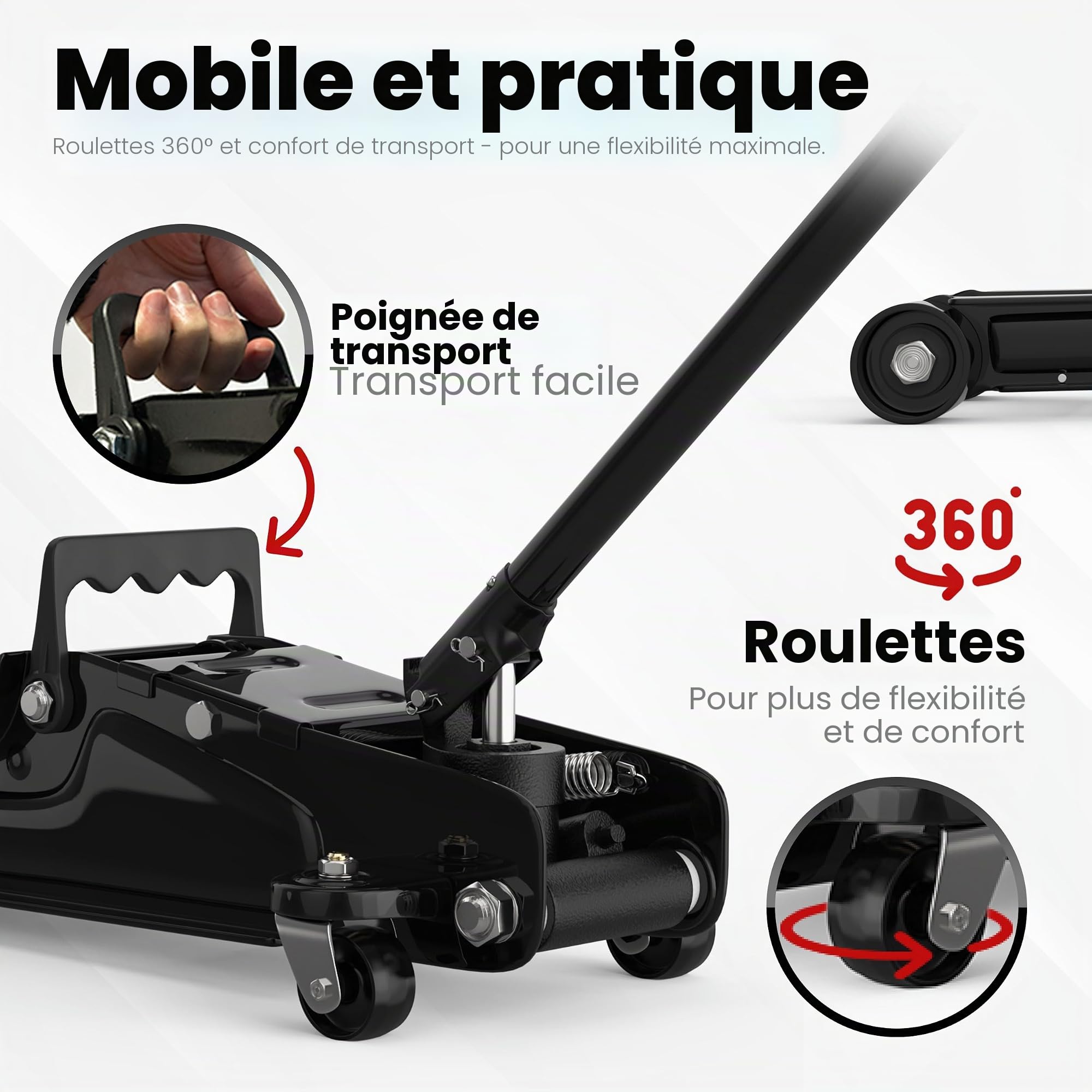 AUTORIA Cric 2,5T – Cric hydraulique plat avec mallette, 3X support en caoutchouc et adaptateurs – pour voitures et véhicules surbaissés – jusqu’à 2 500 kg de capacité de levage