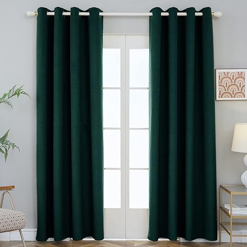 FY FIBER HOUSE Cortinas opacas de terciopelo verde oscuro para sala de estar, modernas cortinas con aislamiento térmico de lujo para decoración del