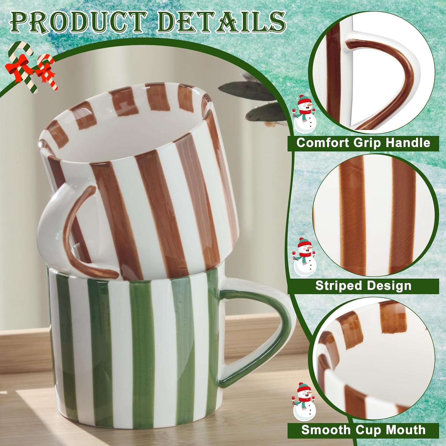 2 Pack Ceramic Mugs Striped Espresso Mugs 8 oz Hand Paint Coffee Cups with Handle Porcelain Coffee Mug for Christmas Valentines Day Gifts - Image 3