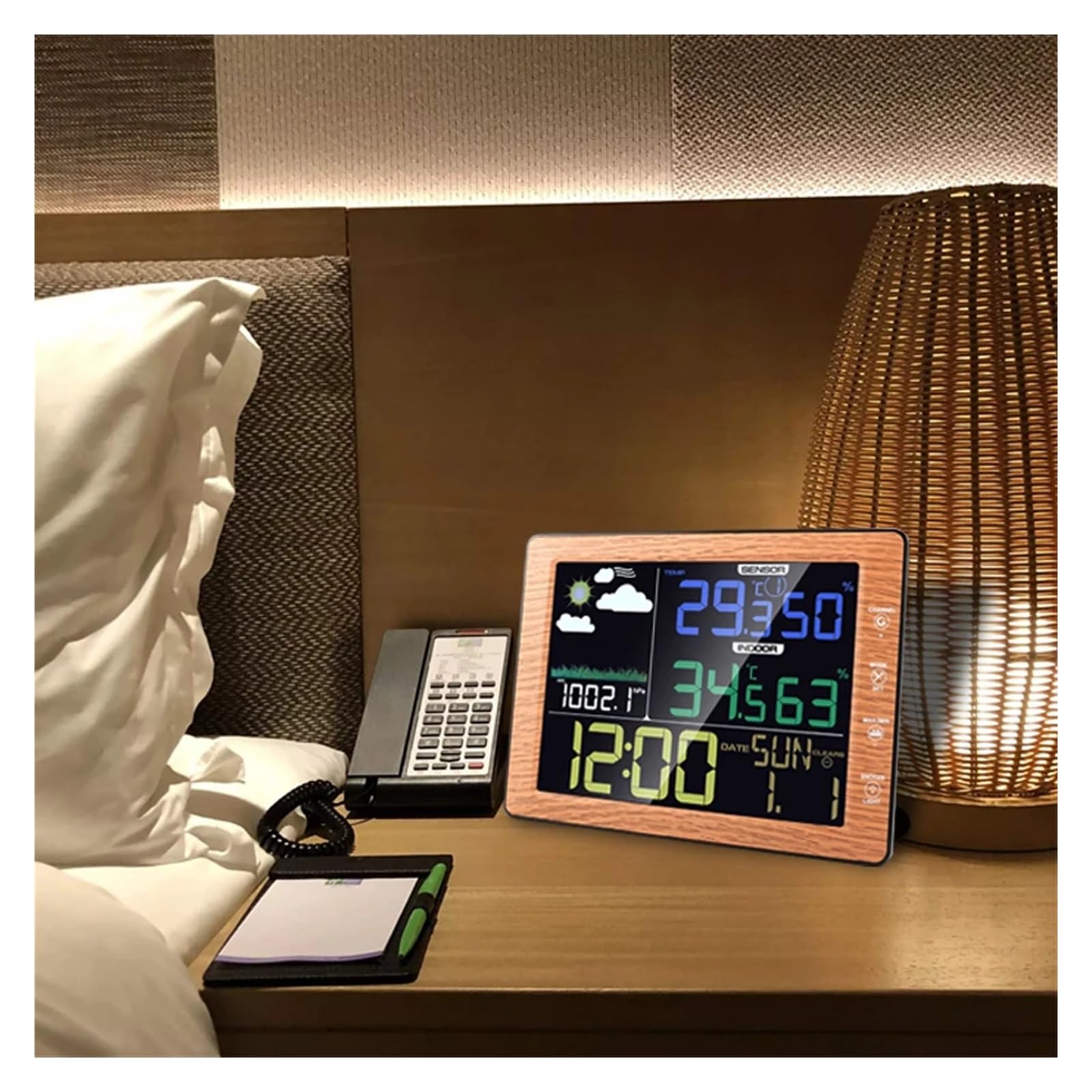 Wireless Color Screen Weather Station Clock Indoor Outdoor Temperature Humidity Meter Forecast Sound Control -40-60C(Wooden)