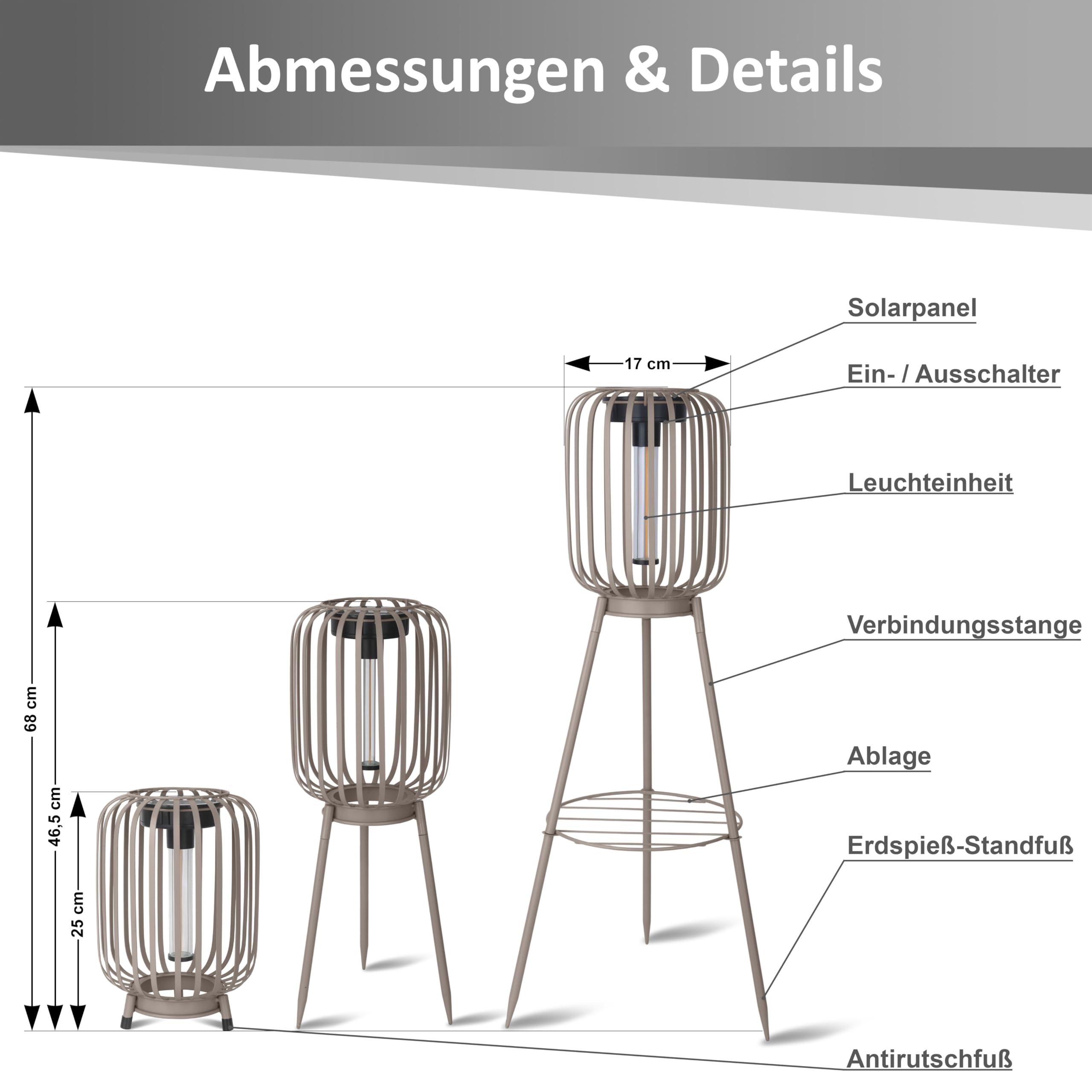 Northpoint ELBLIGHT LED Solar Stehleuchte 3in1 Gartenlampe Außenleuchte COB LED warmweiß Lichtsensor IP44 wetterfest Beige