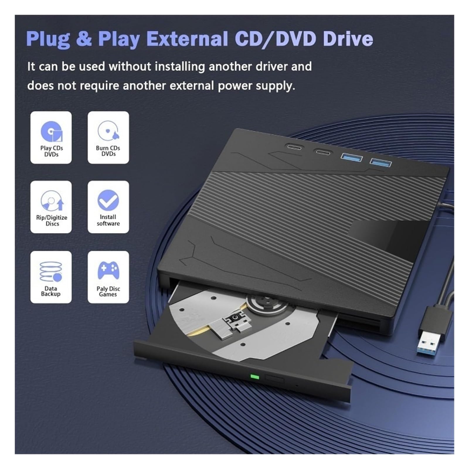 Zewnętrzny Napęd CD/DVD USB 3.0 Typu C Z 4 Portami I Gniazdem Na Karty TF/SD Nagrywarka Czytnik Odtwarzacz Kompaktowy MałY
