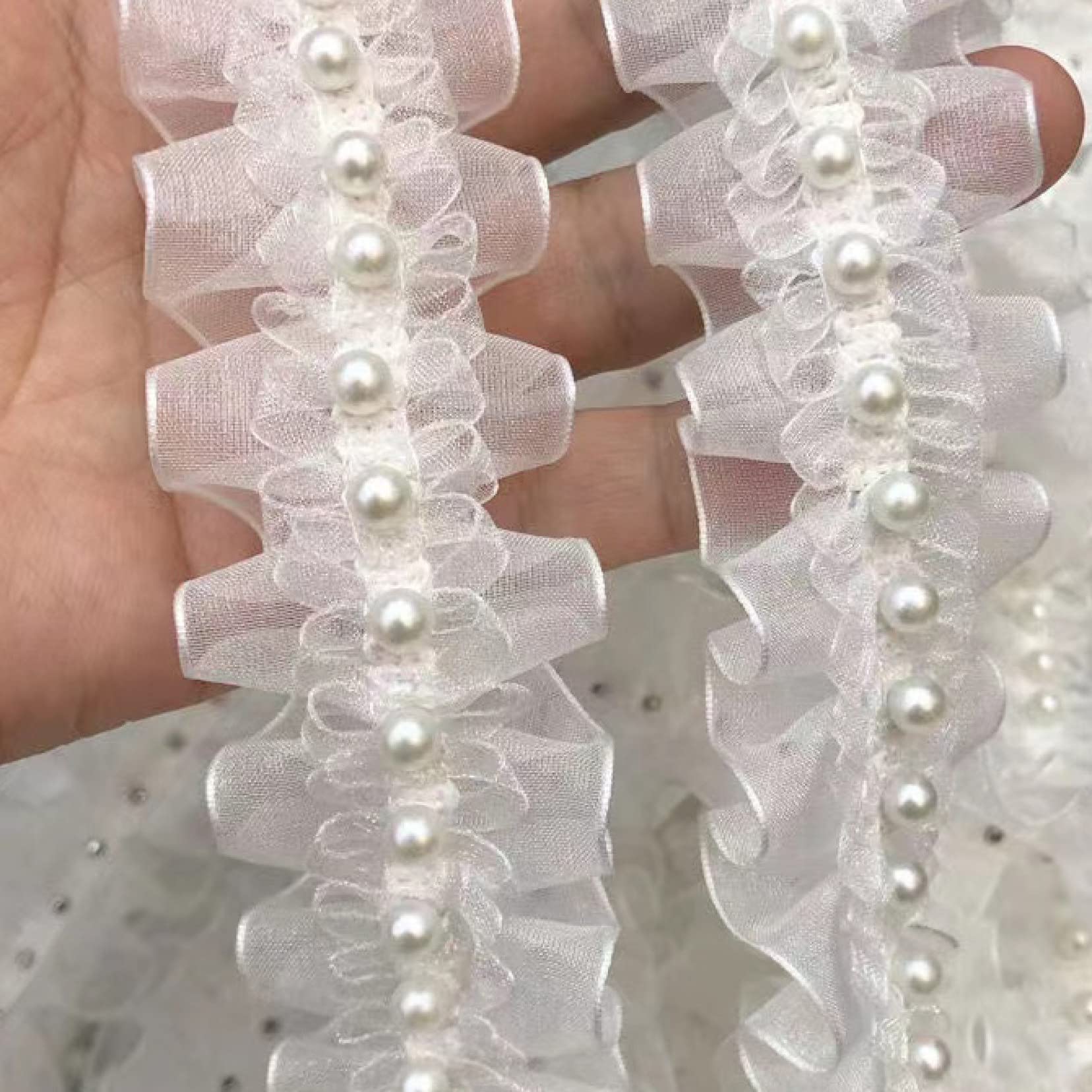Ribete de encaje, ribete de encaje de tul blanco bordado con patrón floral, apliques de volantes de costura para collares y decoración de vestidos (3 yardas)