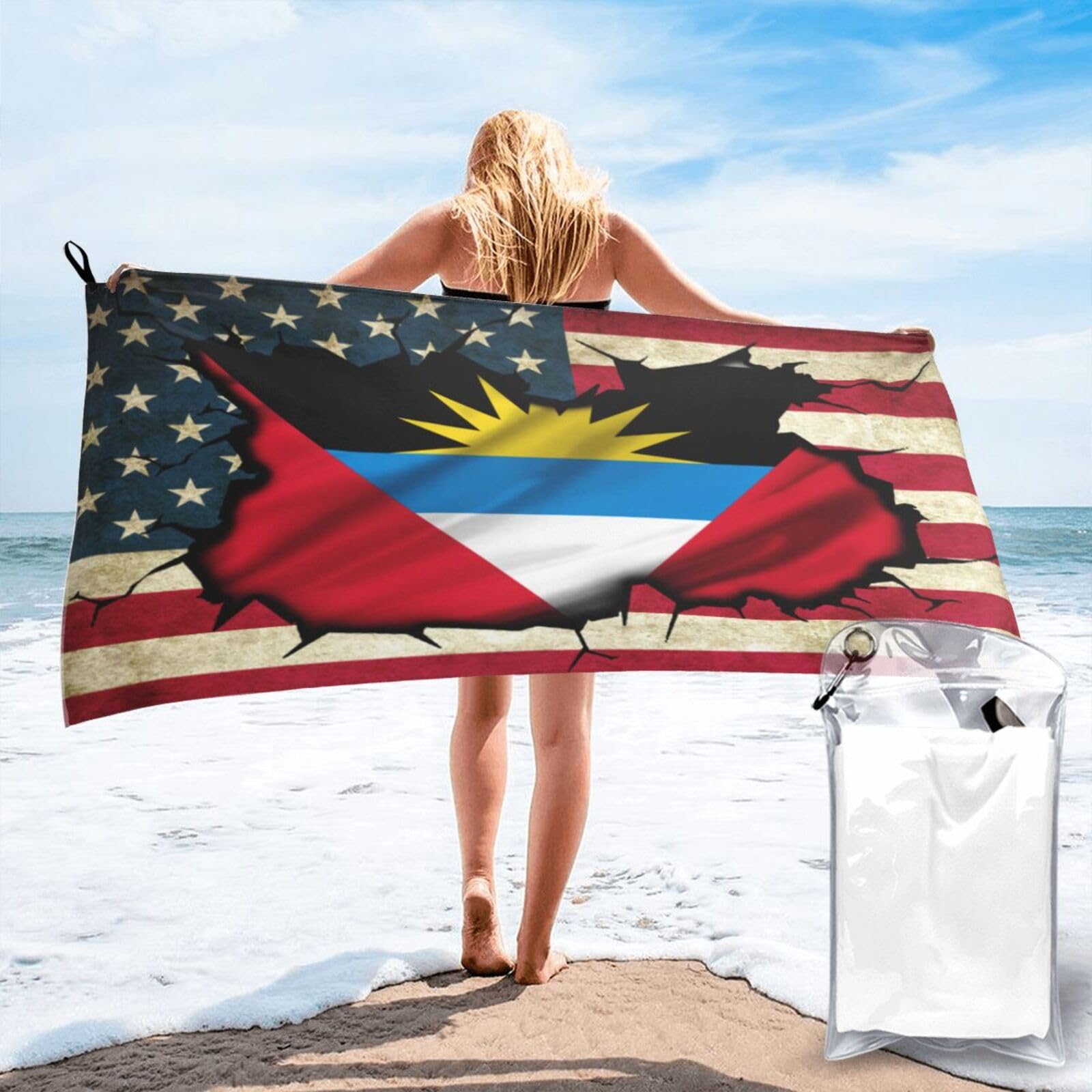 HACXZ Vintage America Flag and Antigua and Barbuda Roots Antigua and Barbuda Flag Absorbent Beach Towel Microfiber Beach Towel Lightweight 27.5"X55"